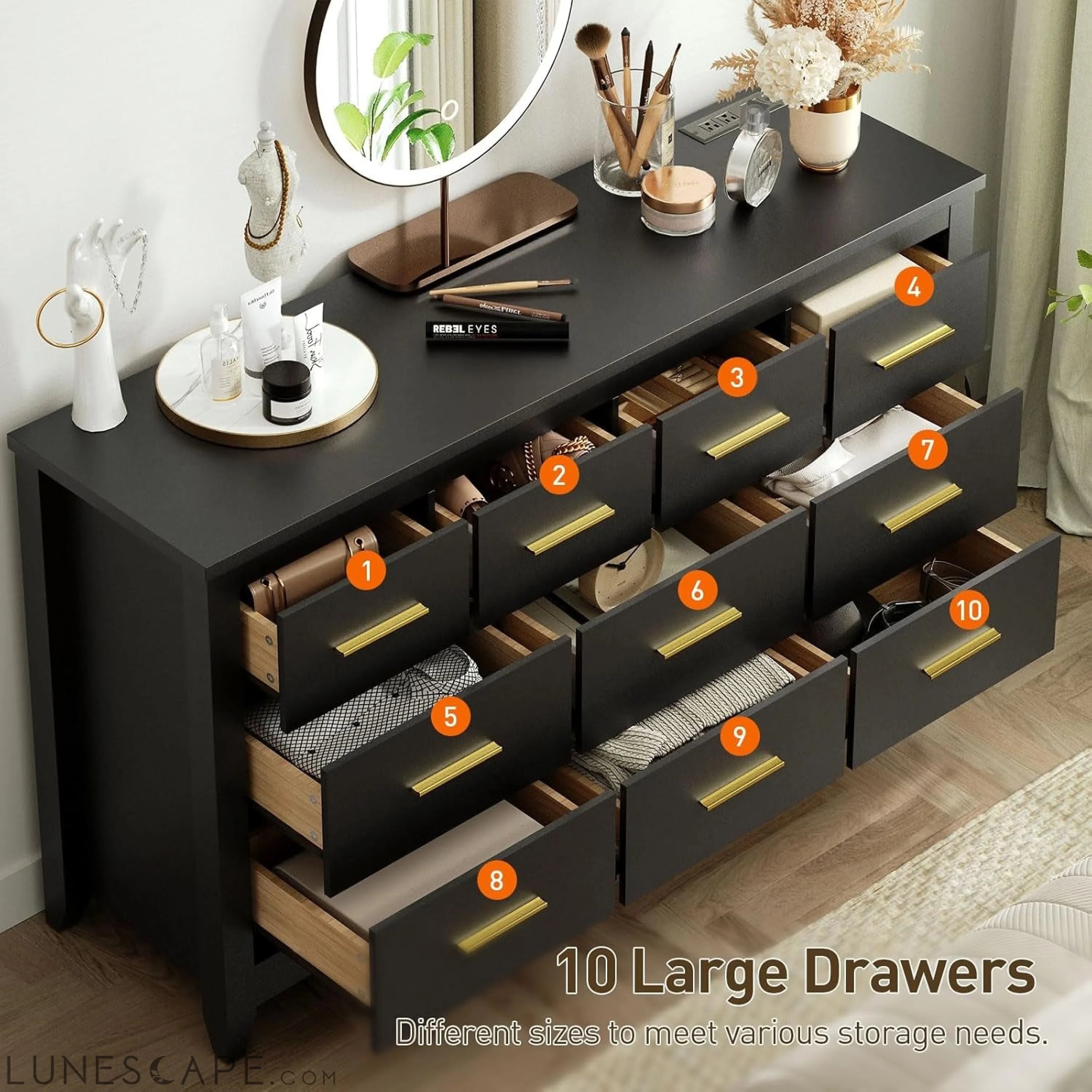 10 Drawer Dresser for Bedroom, 55" Black Dressers with Charging LUNESCAPE