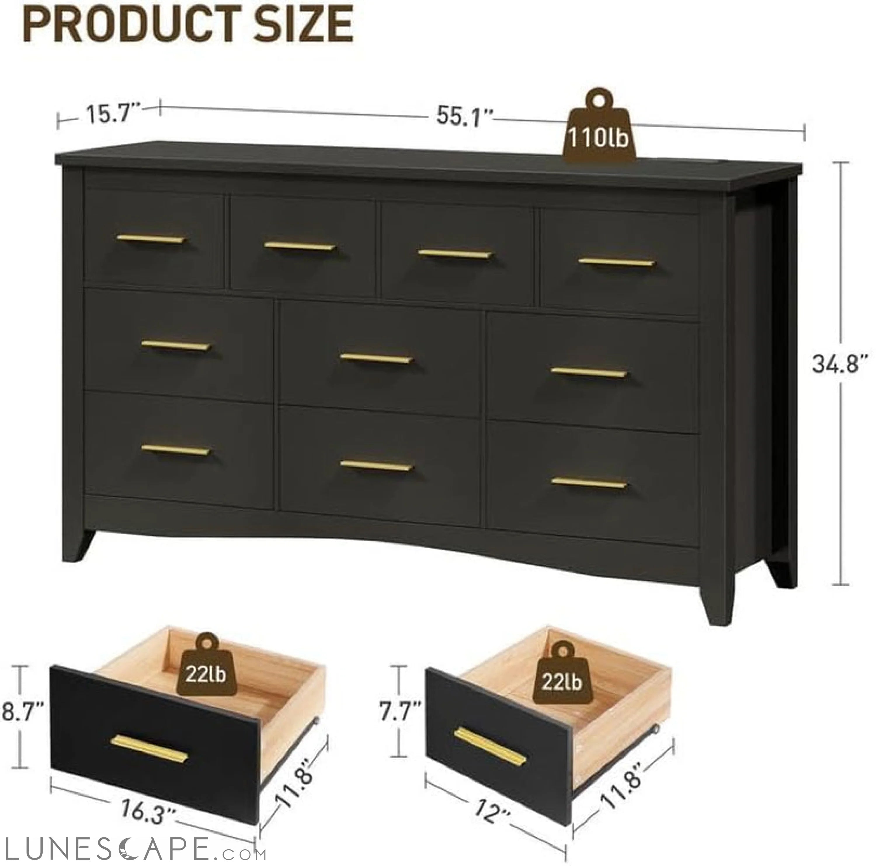 10 Drawer Dresser for Bedroom, 55" Black Dressers with Charging LUNESCAPE