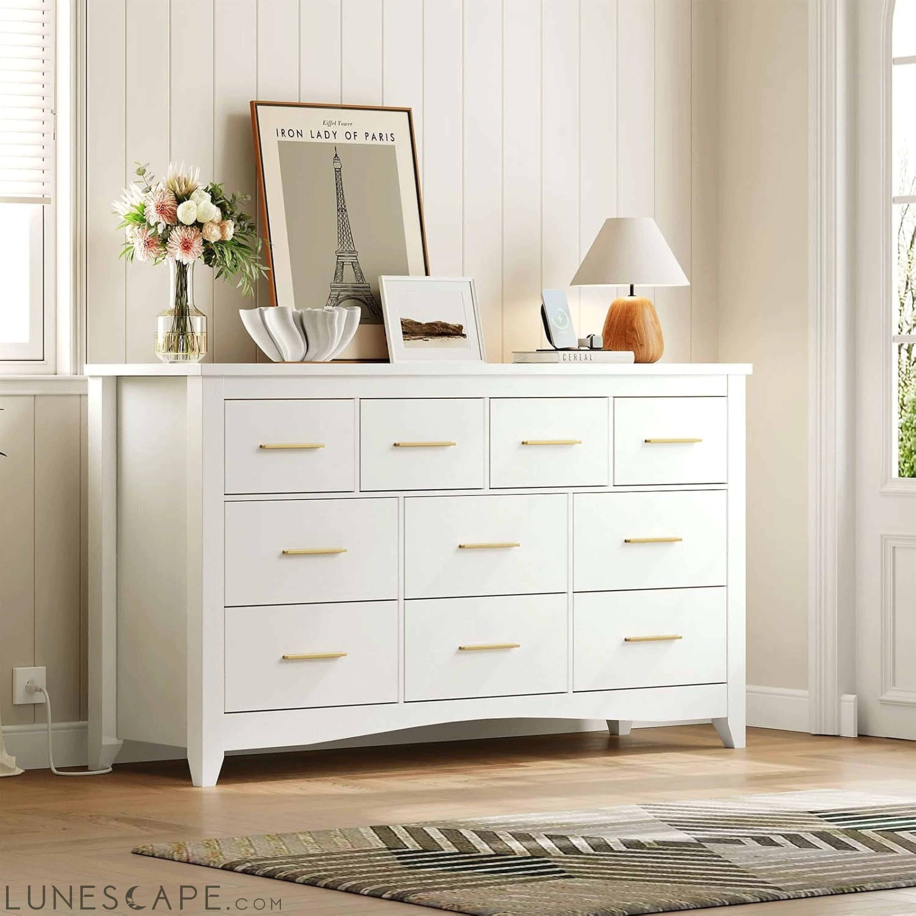 10 Drawer Dresser for Bedroom, 55" White Dressers with Charging LUNESCAPE