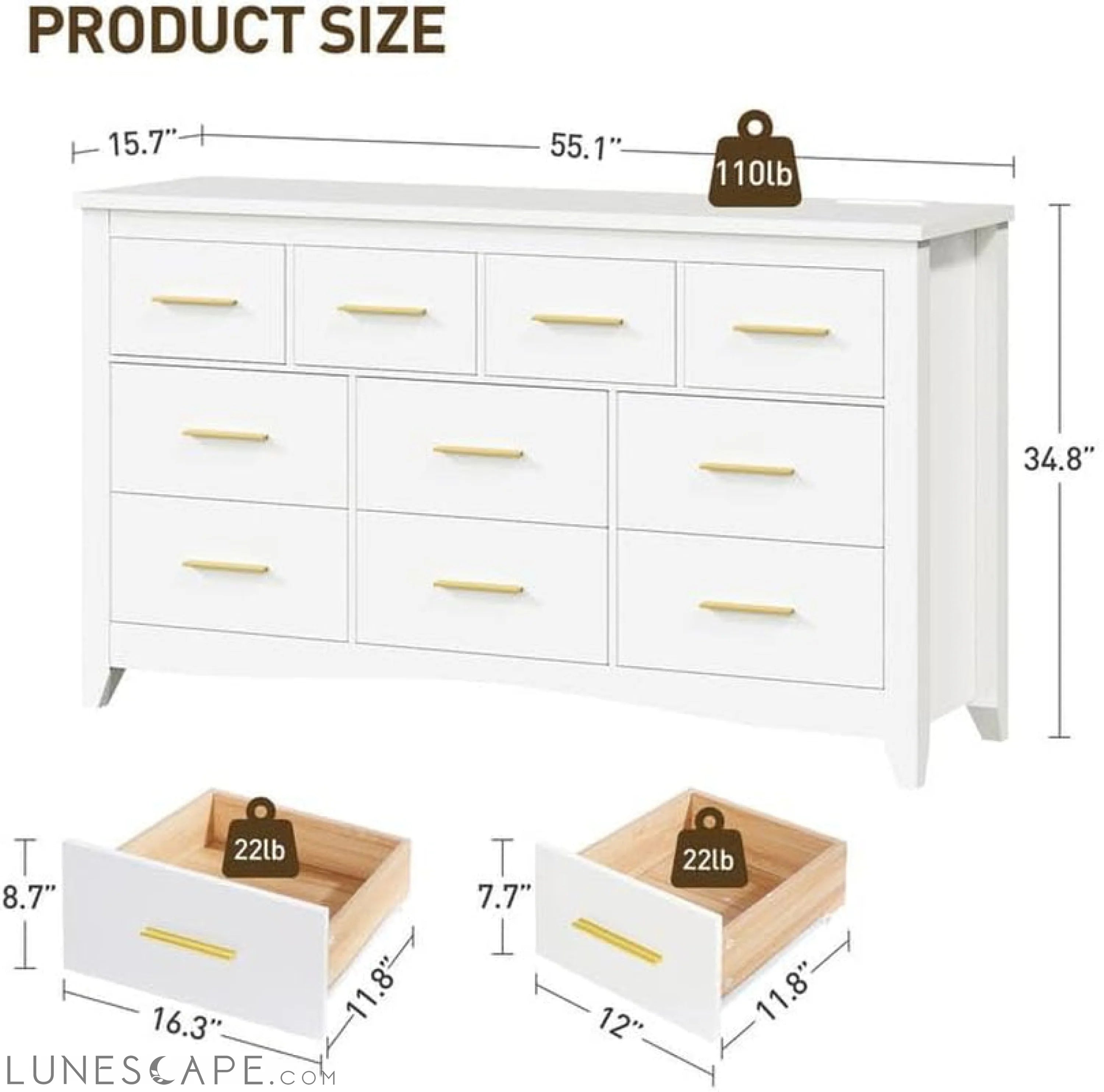 10 Drawer Dresser for Bedroom, 55" White Dressers with Charging LUNESCAPE