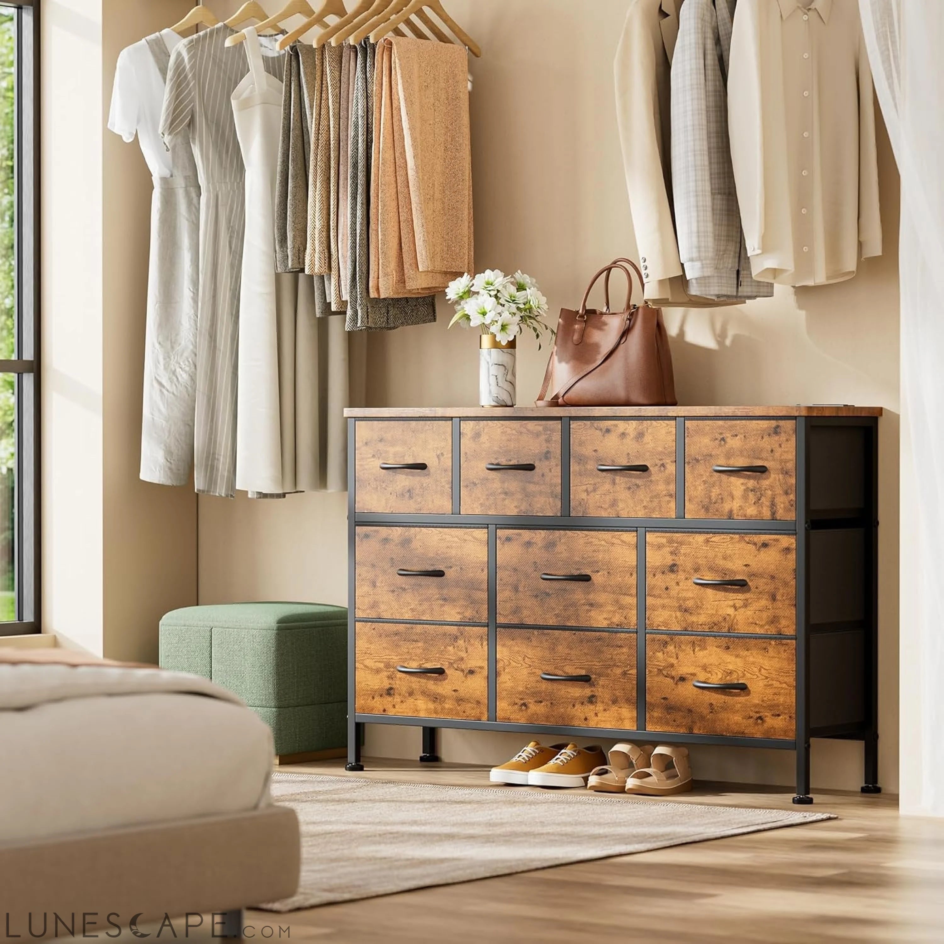 10 Drawer Dresser for Bedroom, Dressers TV Stand with Power Outlet, LUNESCAPE