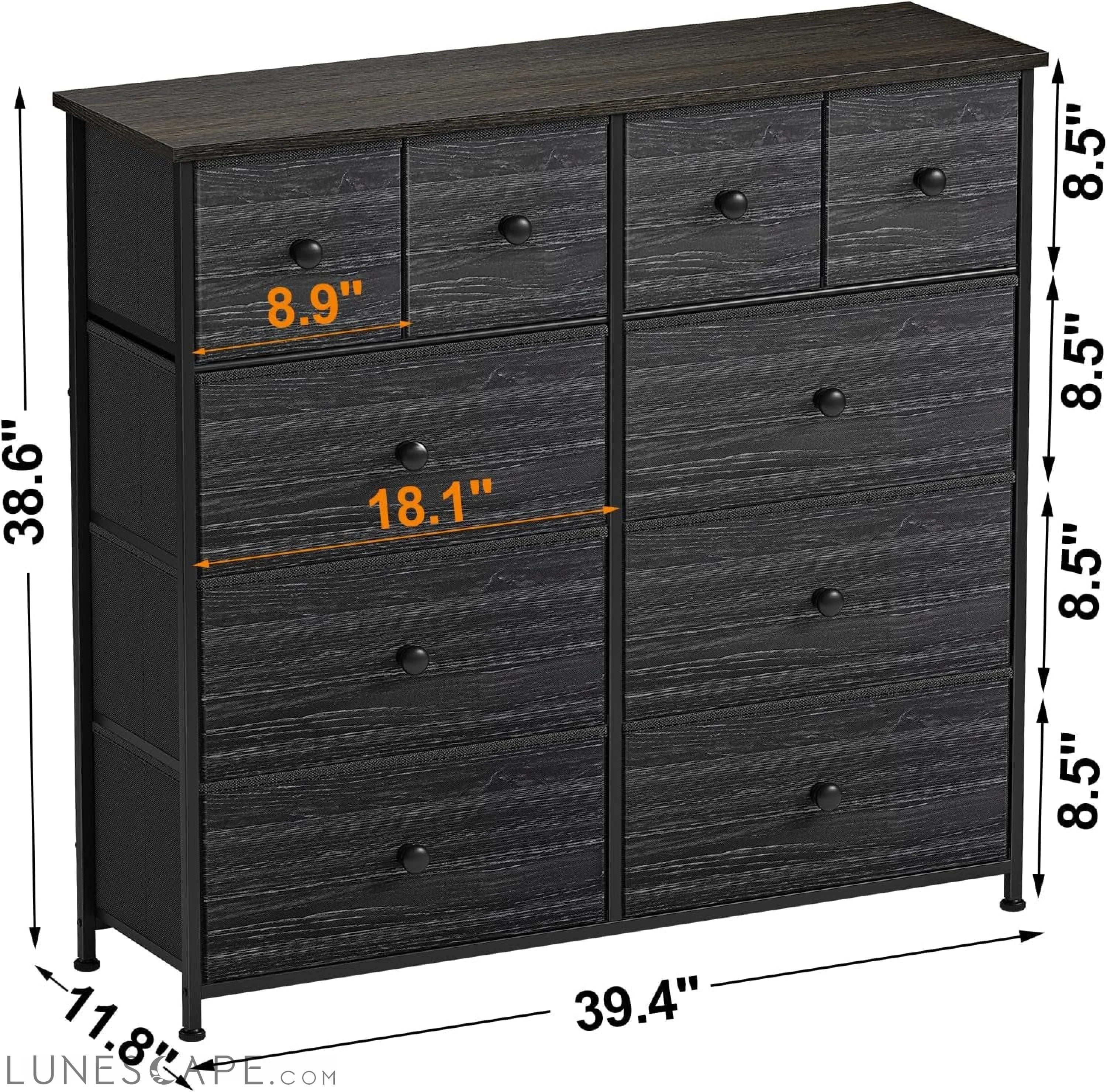 10 Drawer Dresser for Bedroom Fabric Storage Tower Wide Black Dresser LUNESCAPE