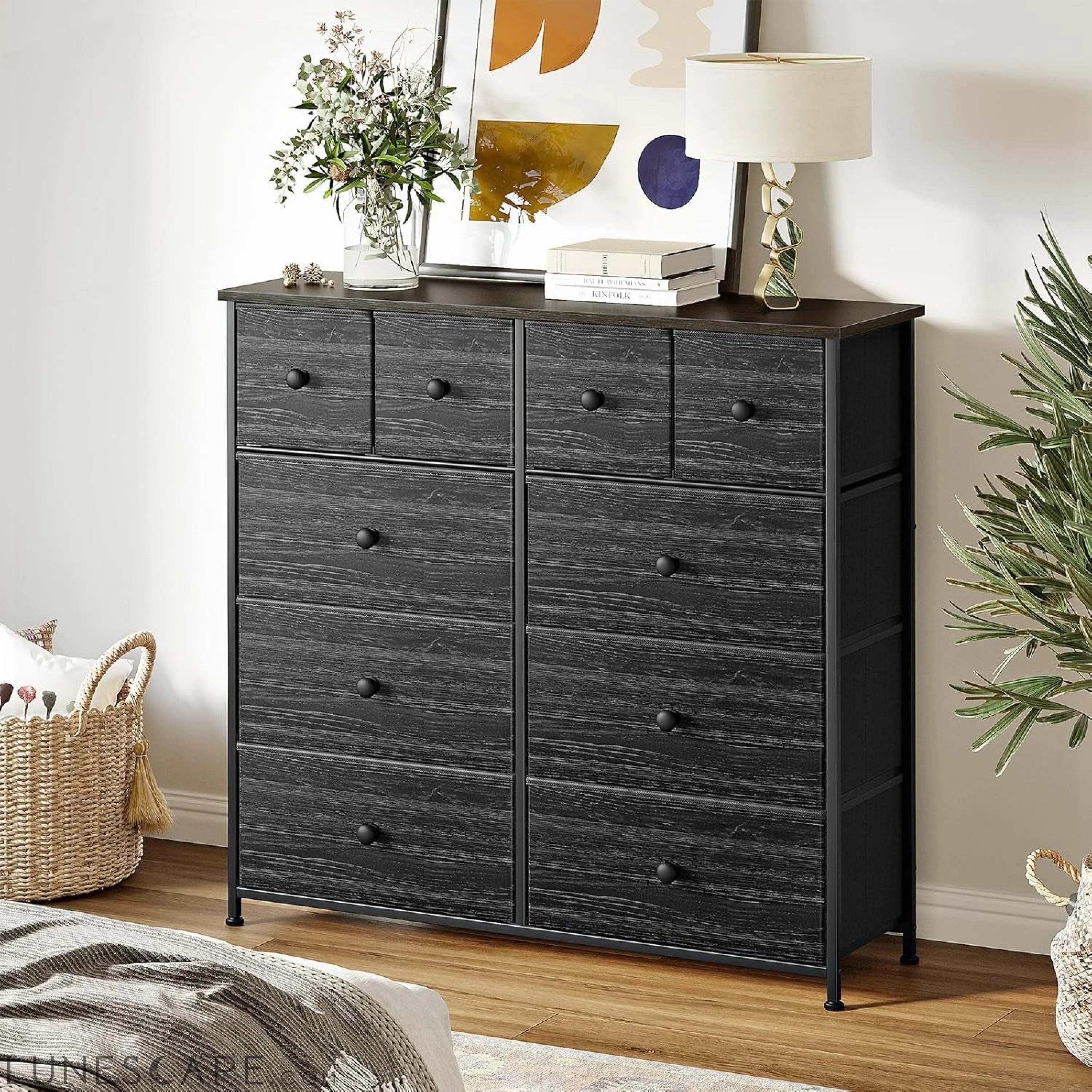 10 Drawer Dresser for Bedroom Fabric Storage Tower Wide Black Dresser LUNESCAPE