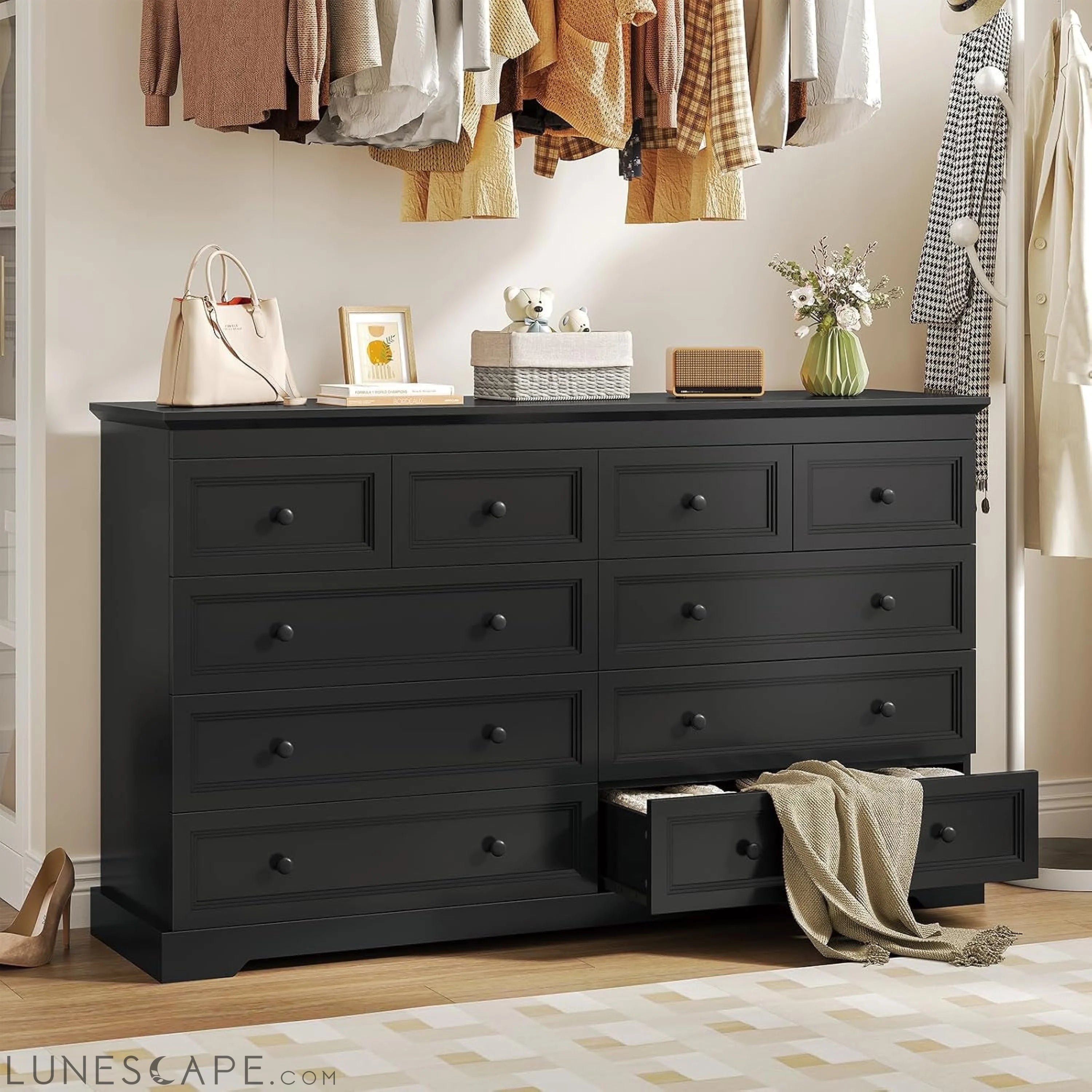 10 Drawers Dresser, Black Large Chest of Drawers, 55" Long TV Stand LUNESCAPE