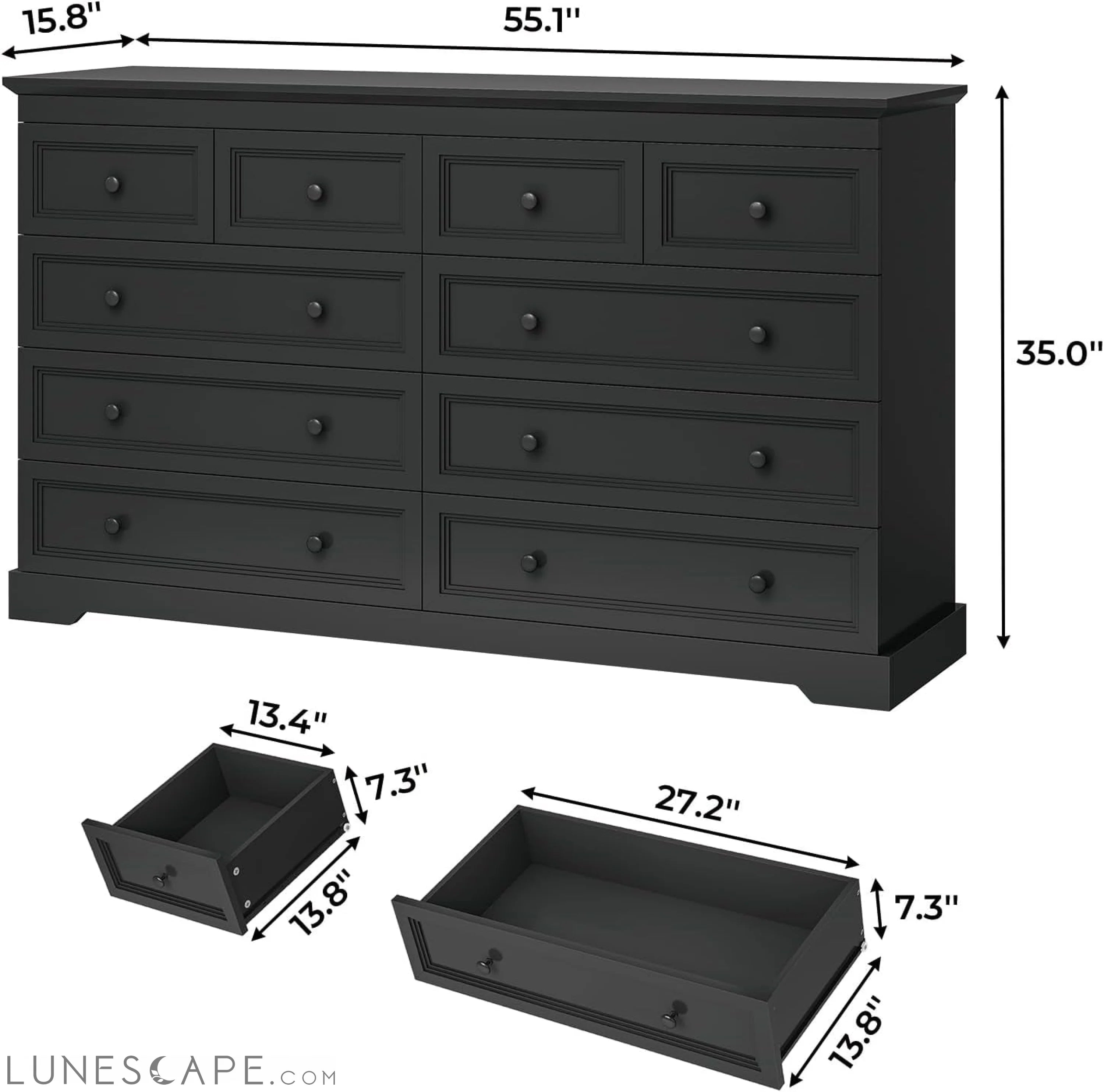 10 Drawers Dresser, Black Large Chest of Drawers, 55" Long TV Stand LUNESCAPE