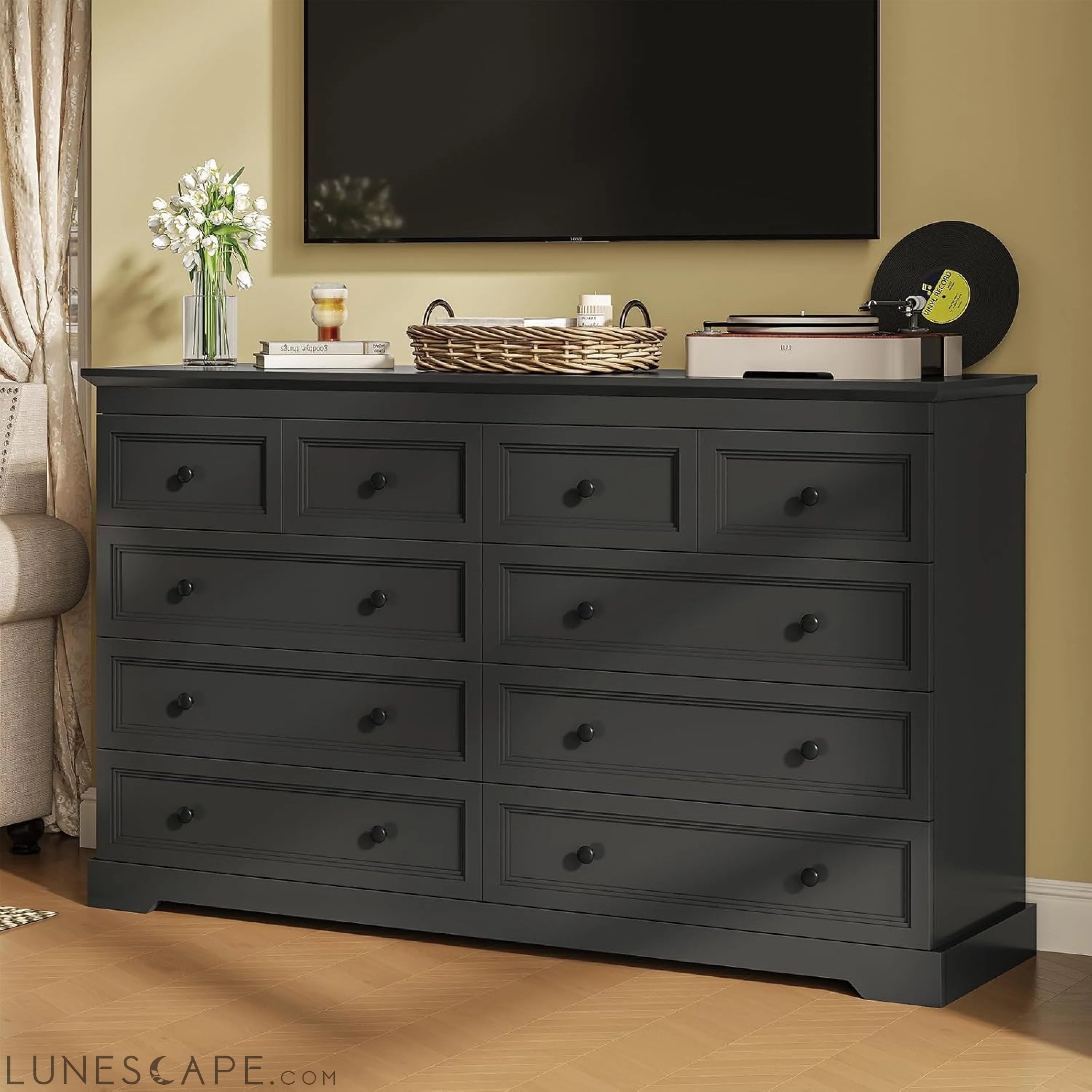 10 Drawers Dresser, Black Large Chest of Drawers, 55" Long TV Stand LUNESCAPE