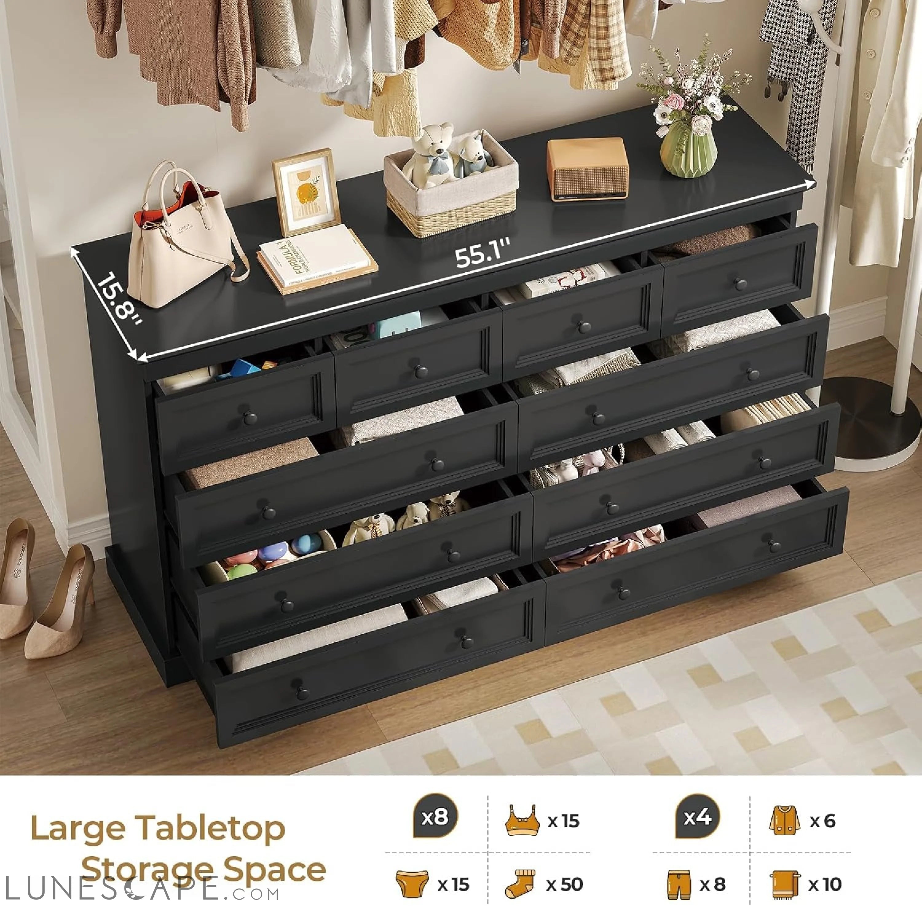 10 Drawers Dresser, Black Large Chest of Drawers, 55" Long TV Stand LUNESCAPE