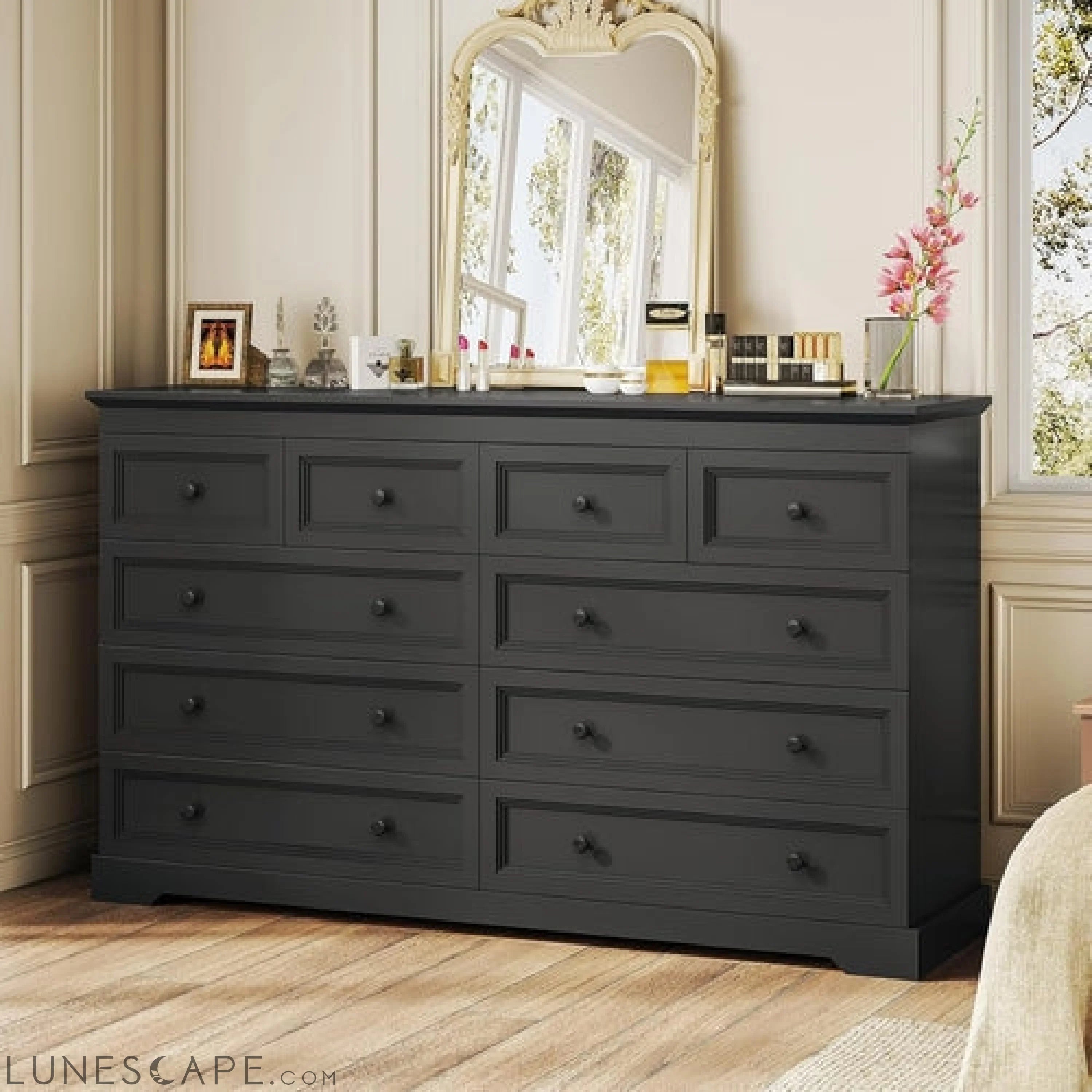 10 Drawers Dresser, Black Large Chest of Drawers, 55" Long TV Stand LUNESCAPE