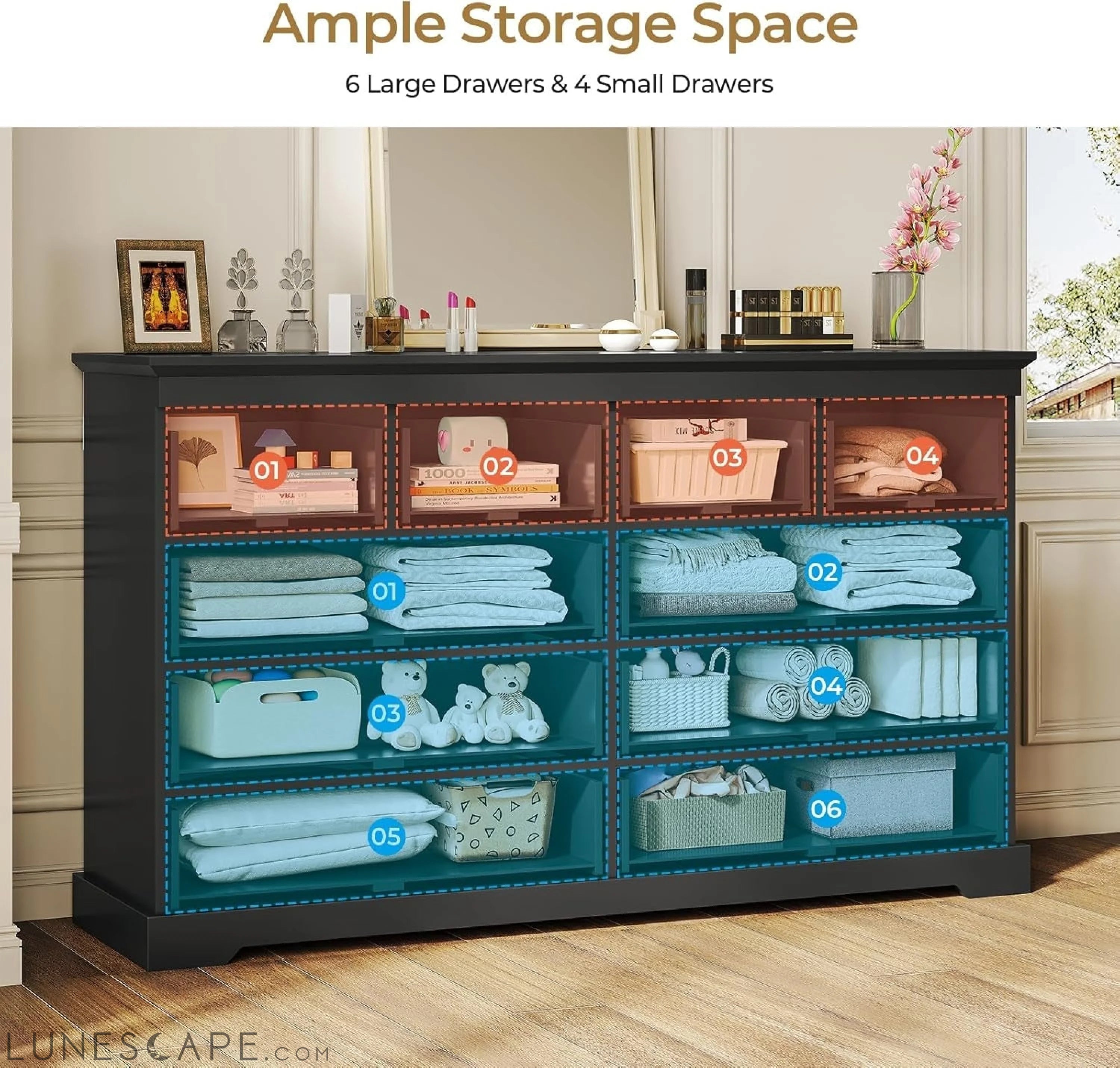 10 Drawers Dresser, Black Large Chest of Drawers, 55" Long TV Stand LUNESCAPE