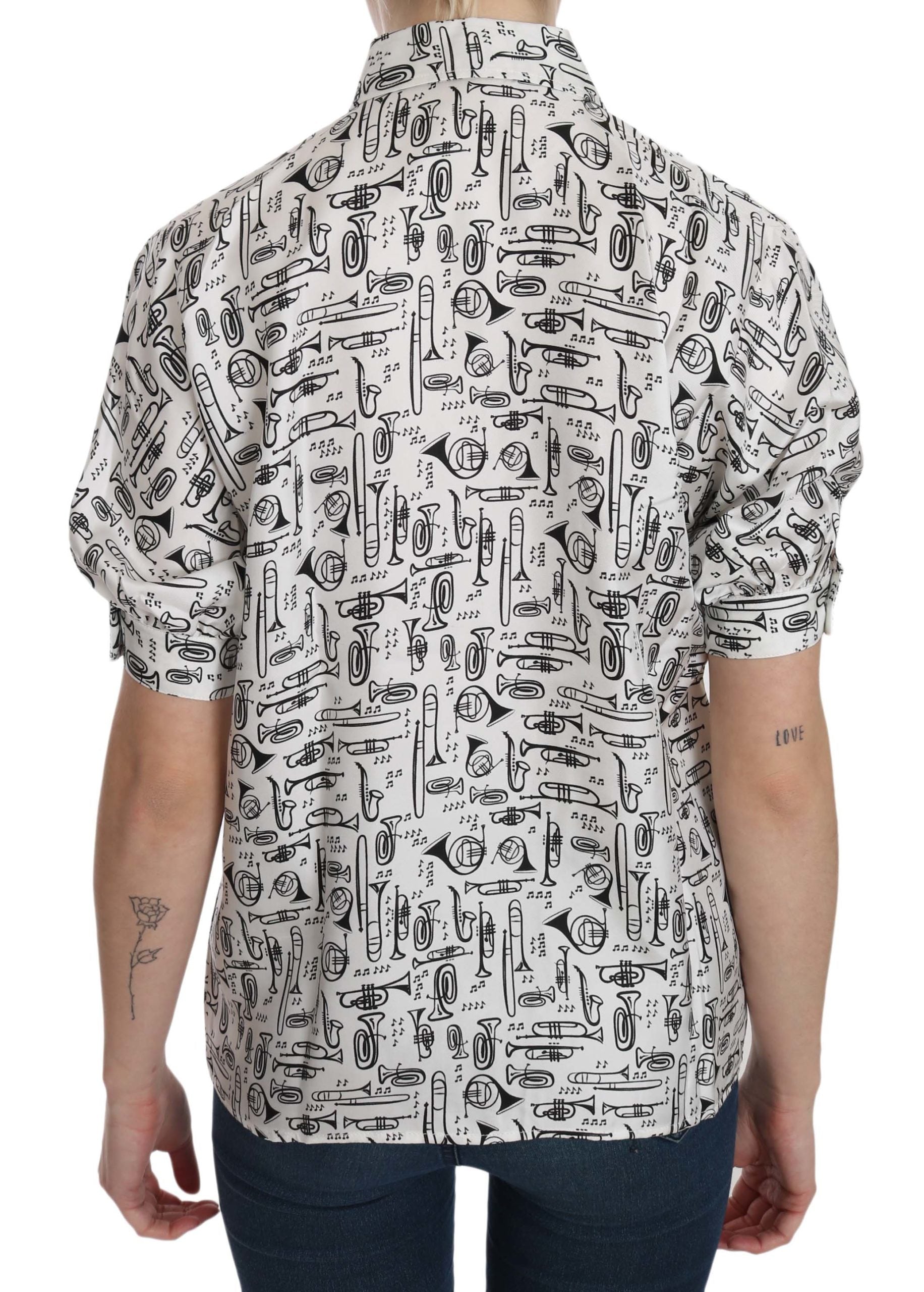 Dolce & Gabbana White Musical Instrument Collared Blouse Shirt