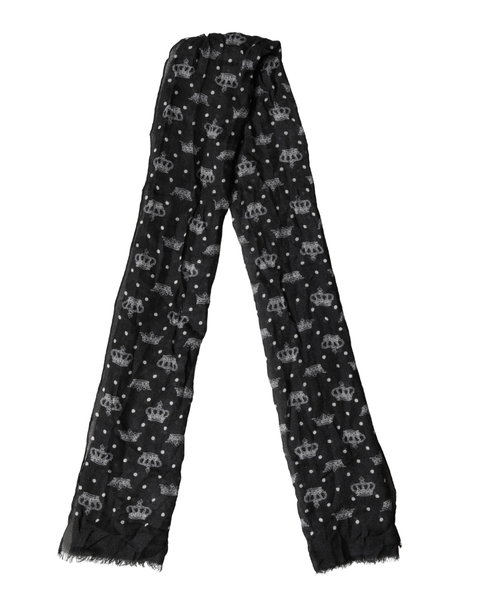 Dolce & Gabbana Black Wool Crown Print Fringe Neck Wrap 180cm x 65cm Scarf