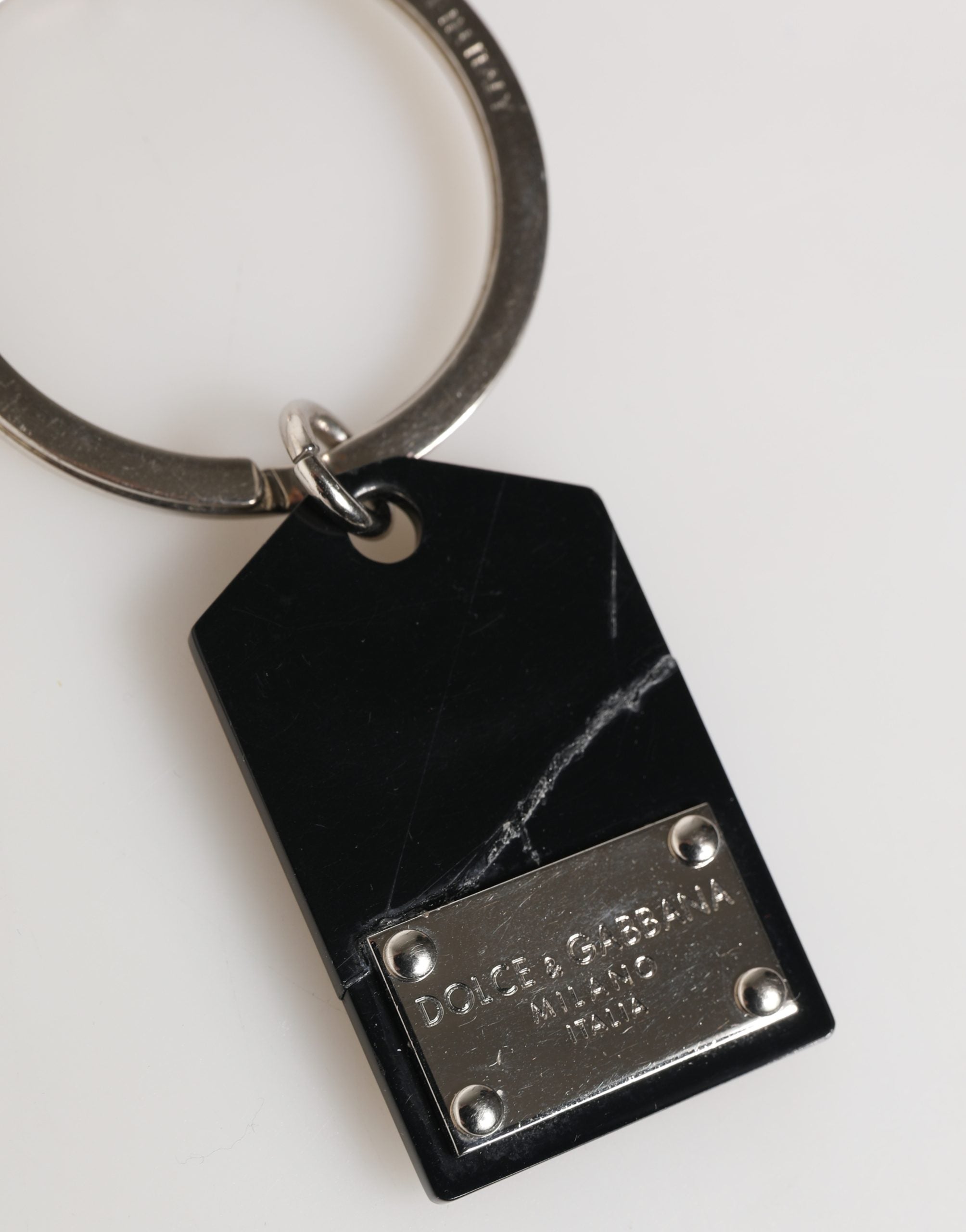 Dolce & Gabbana Black Silver Brass LogoPlaque Metal Ring Keyring Keychain
