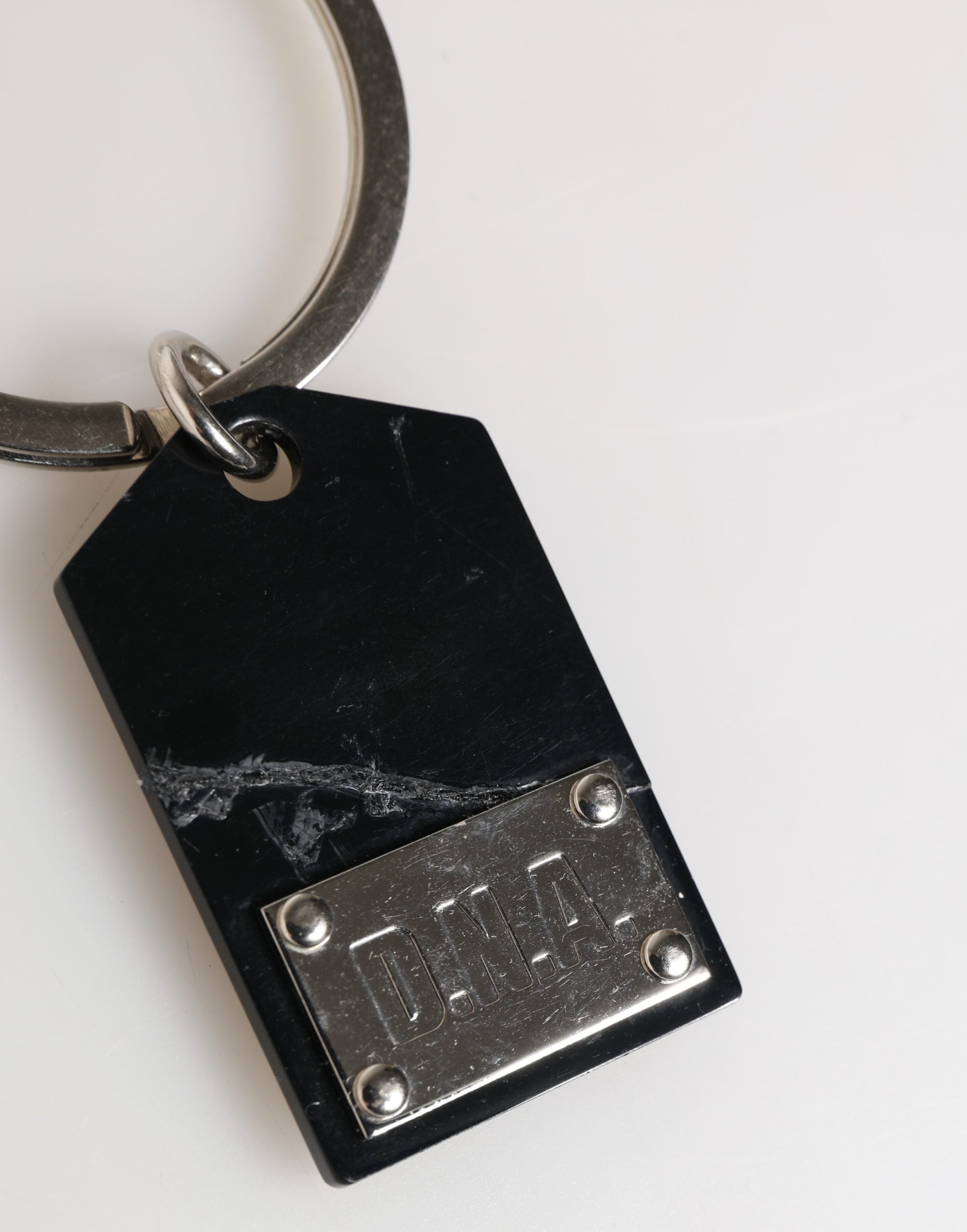 Dolce & Gabbana Black Silver Brass LogoPlaque Metal Ring Keyring Keychain