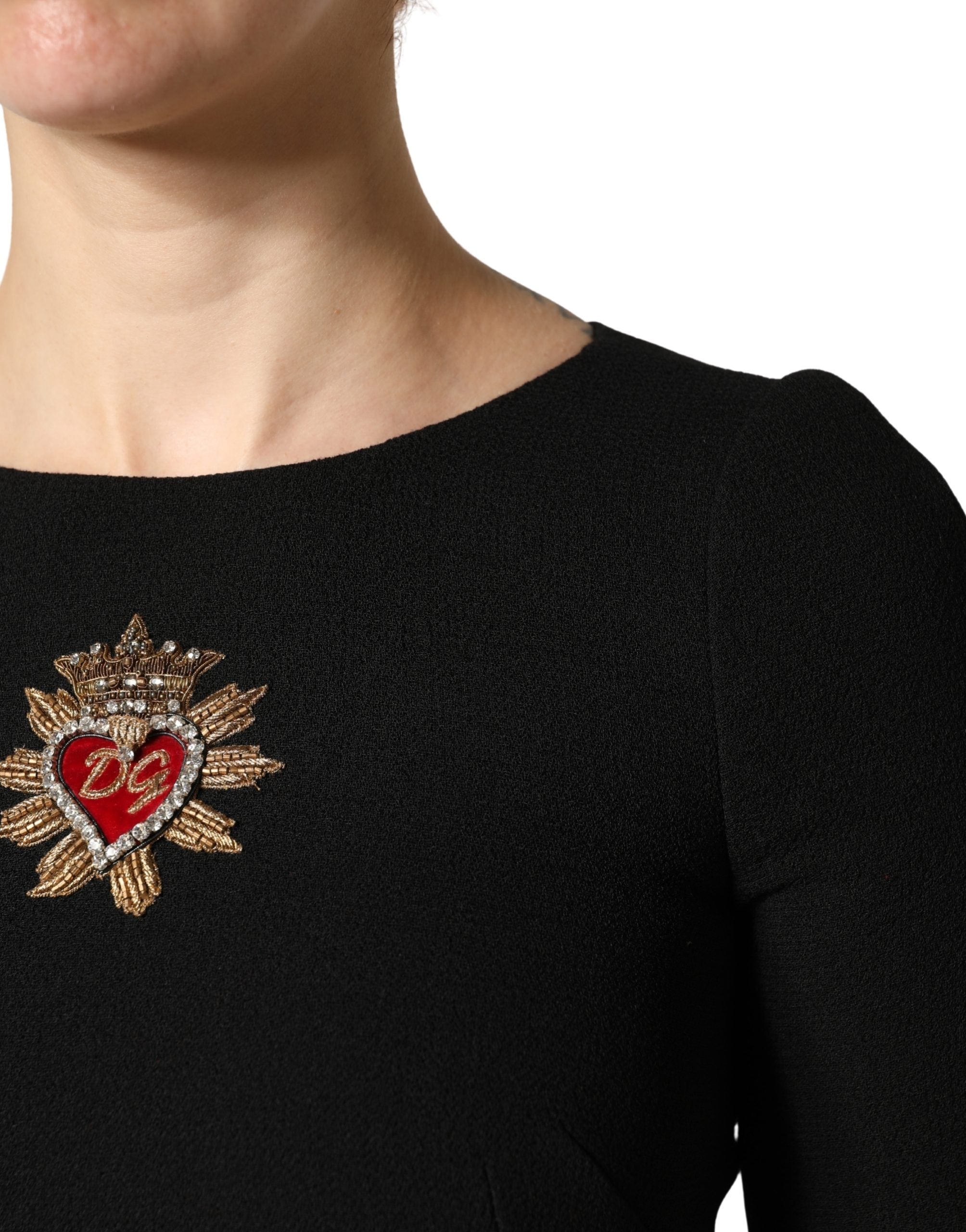 Dolce & Gabbana Black Wool Sacred Heart Patch Midi Dress