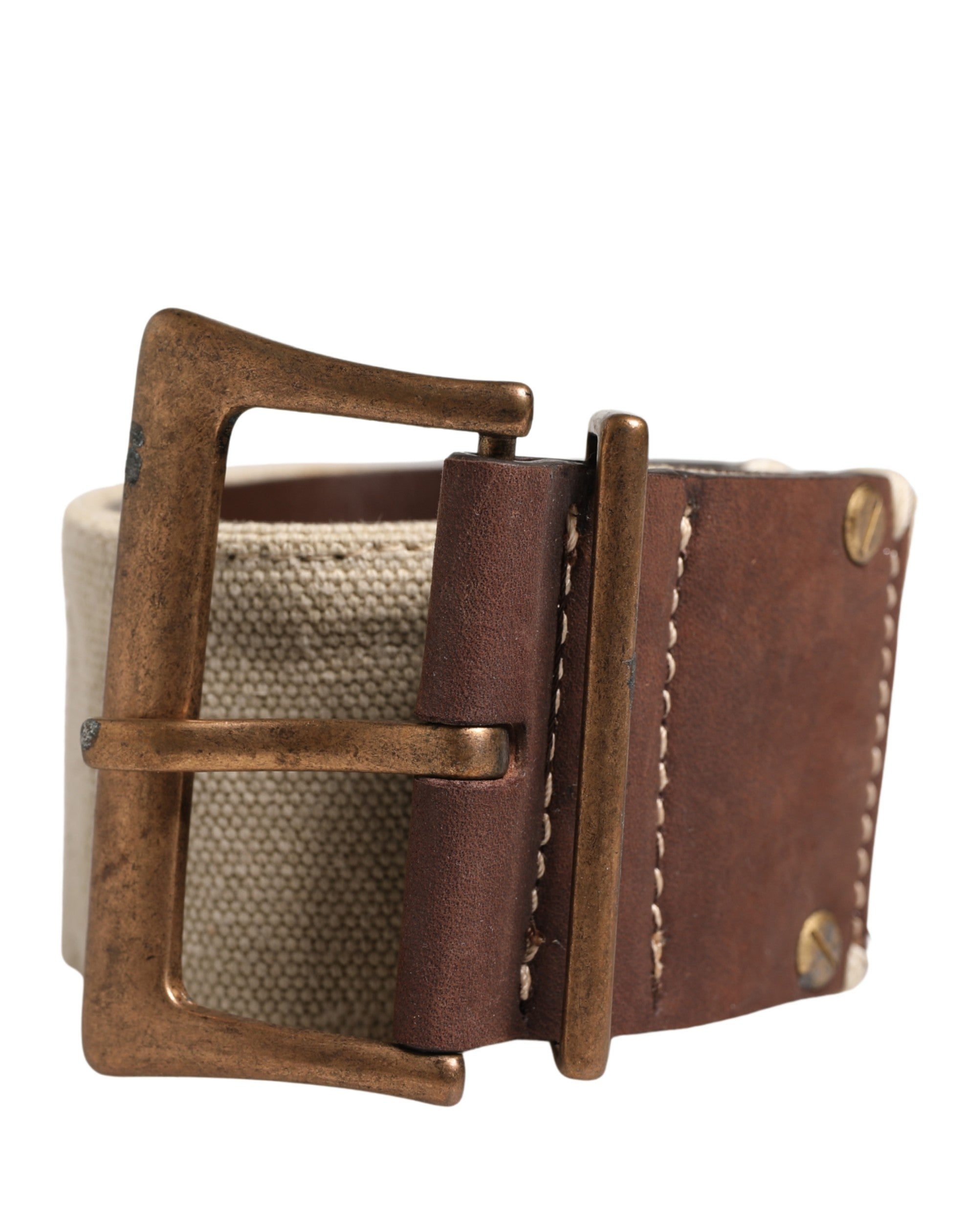 Ermanno Scervino Beige Brown Leather Canvas Metal Buckle Belt