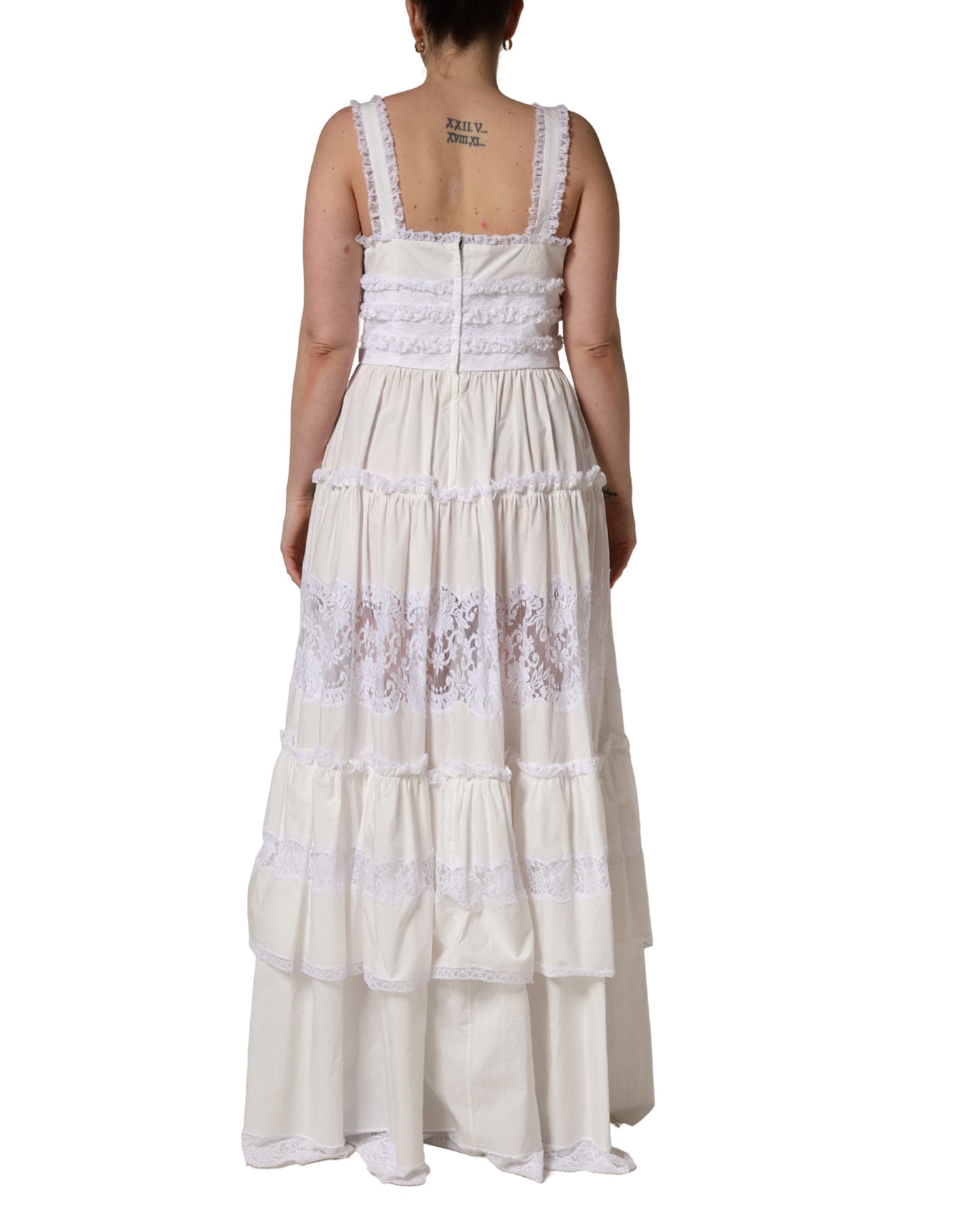 Dolce & Gabbana White Cotton Sleeveless Lace Maxi Dress