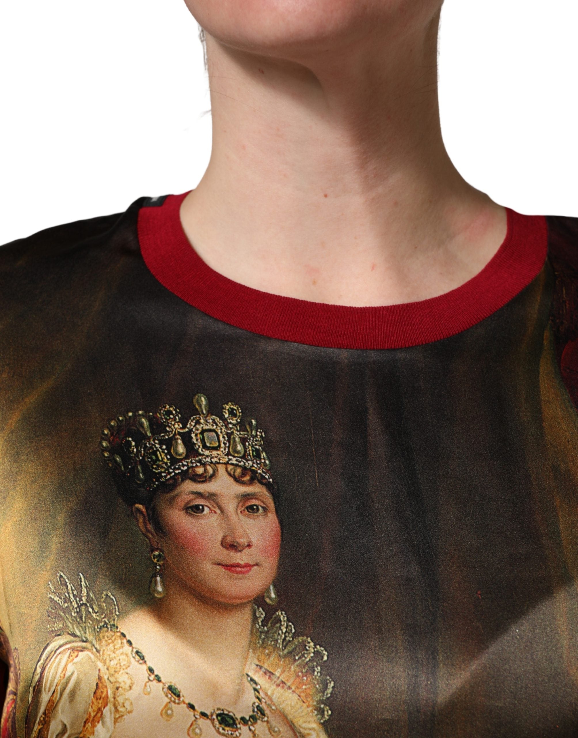 Dolce & Gabbana Maroon Royal Crown Dress Queen Painting Silk T-shirt