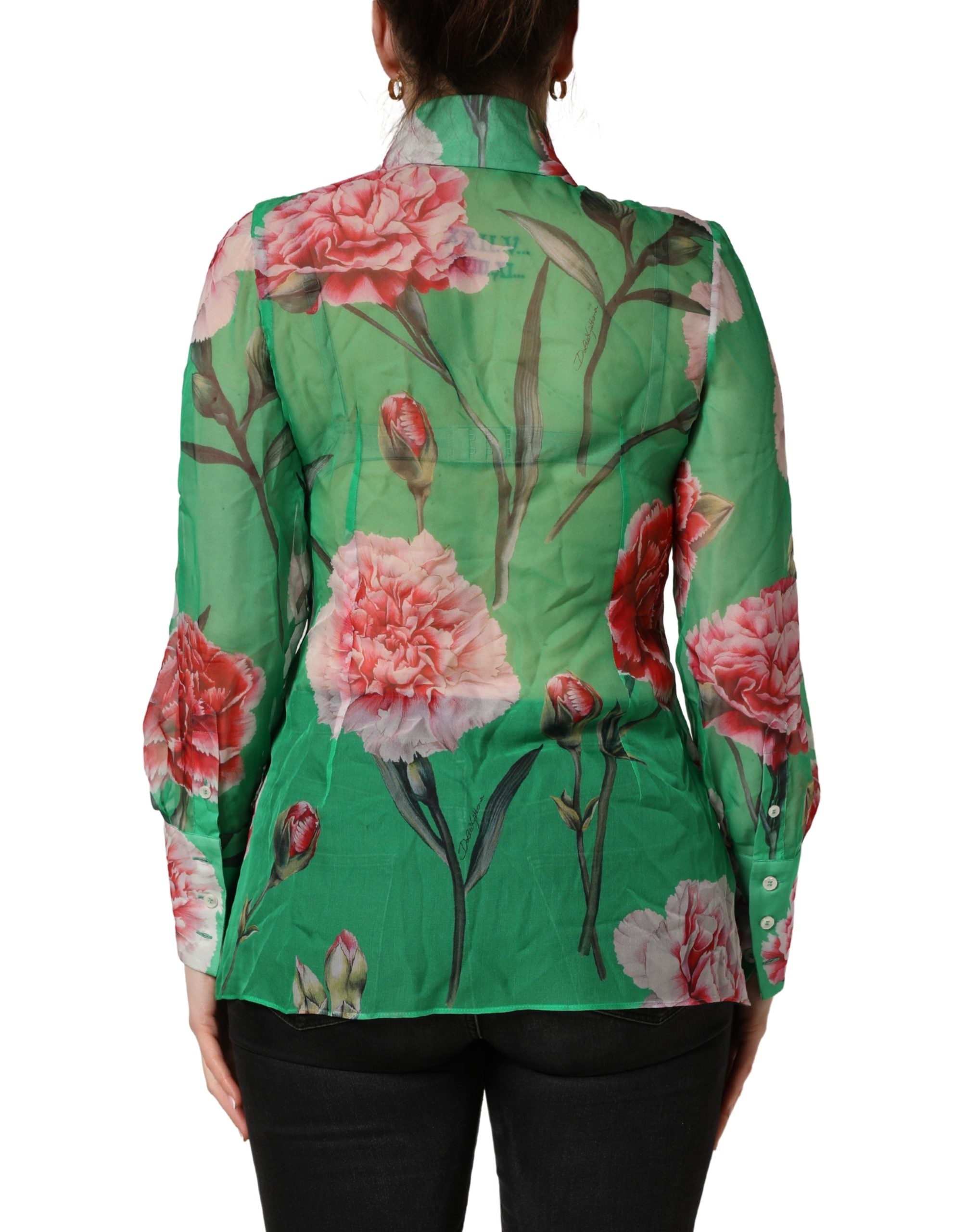 Dolce & Gabbana Green CarnationPrint Silk Collared Blouse Top