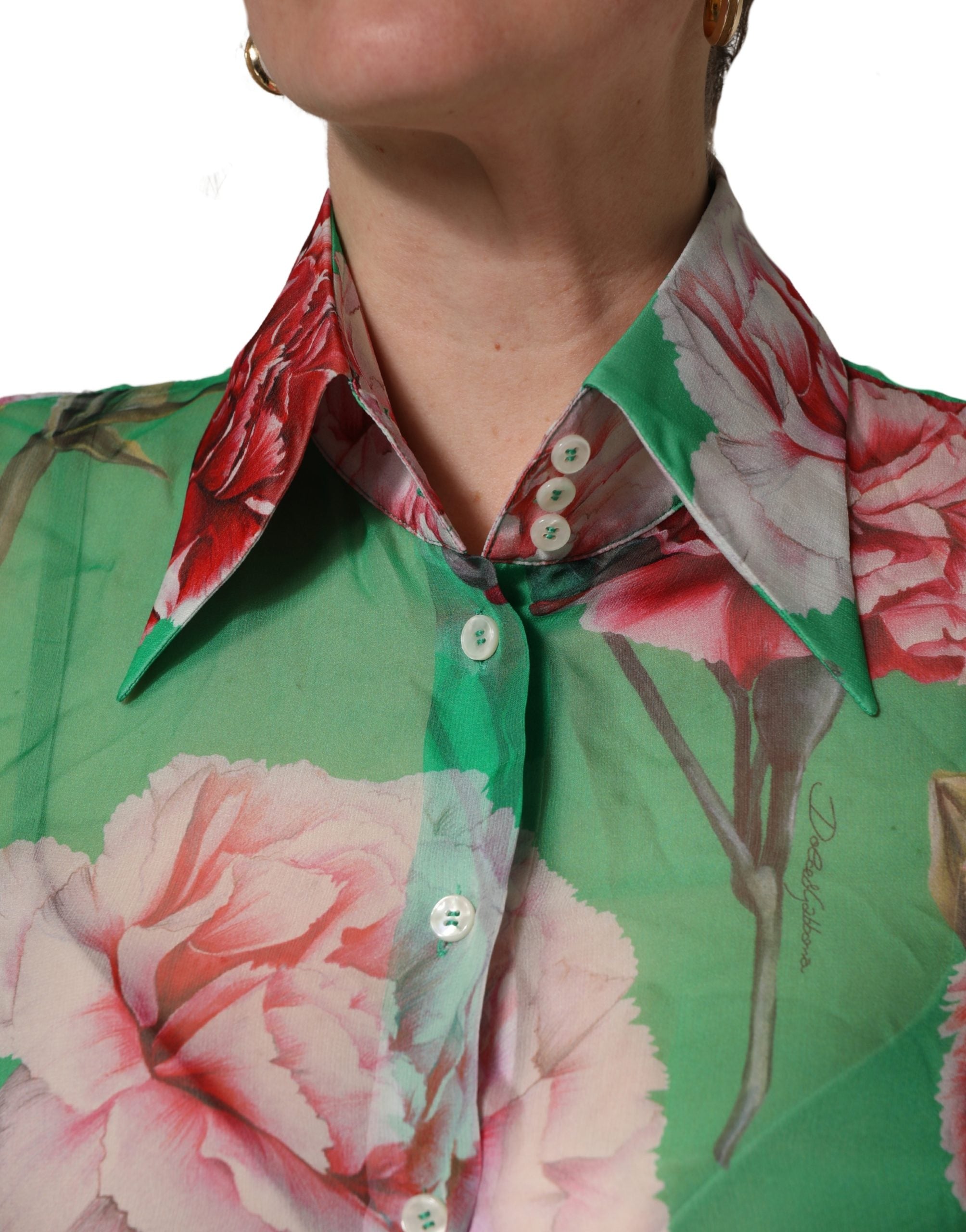 Dolce & Gabbana Green CarnationPrint Silk Collared Blouse Top