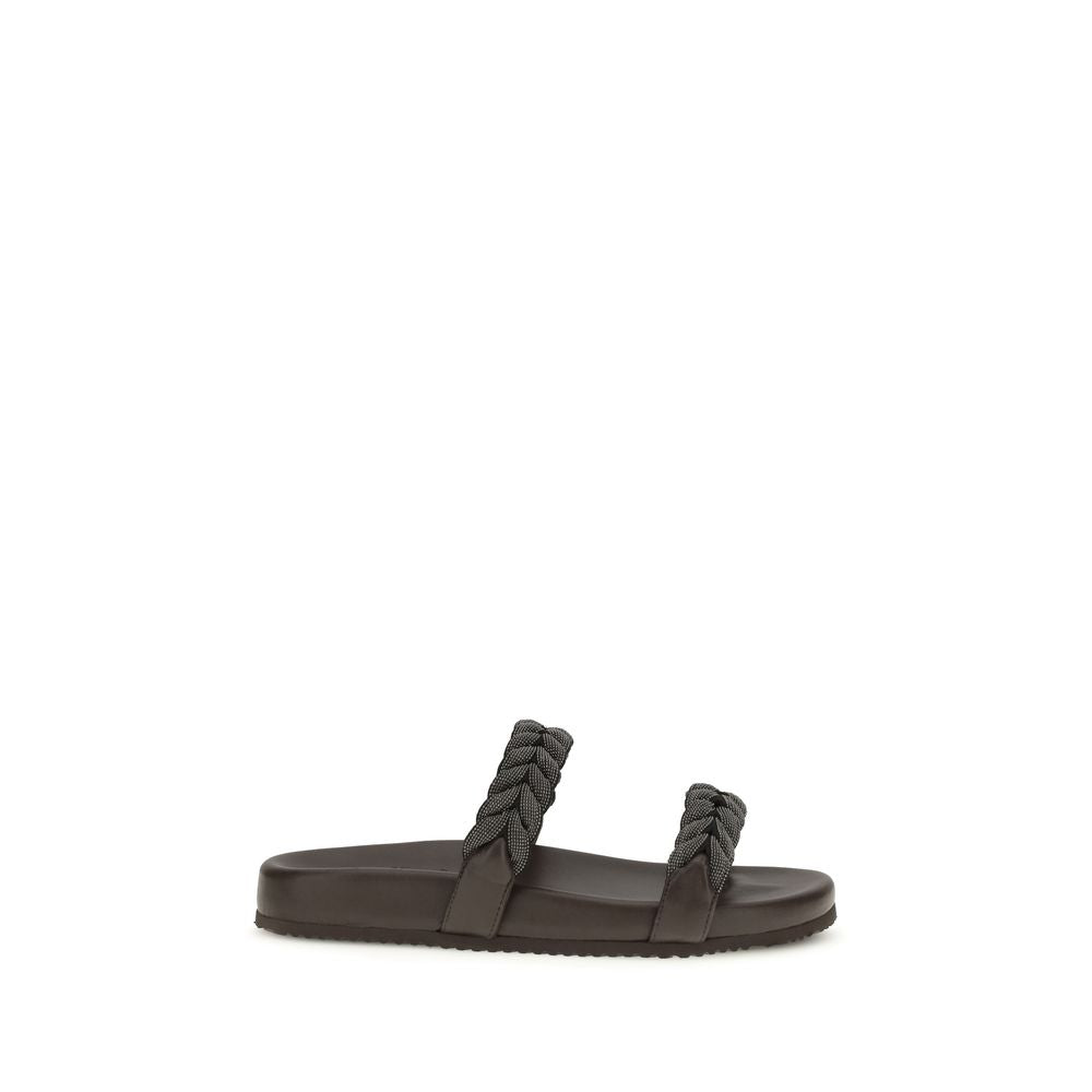 Brunello Cucinelli Brown Calf Leather Bos Taurus Flat Sandals LUNESCAPE