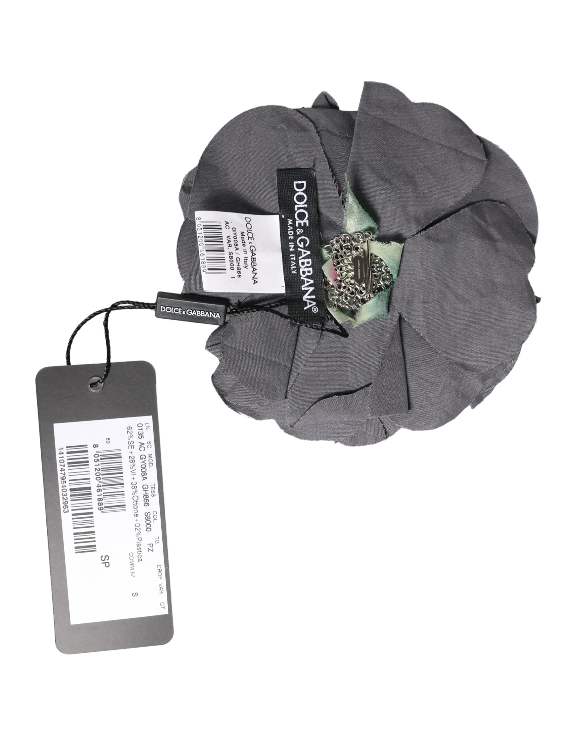 Dolce & Gabbana Gray Floral Motif Silk Blend Poplin Fabric Bar Pin Brooch