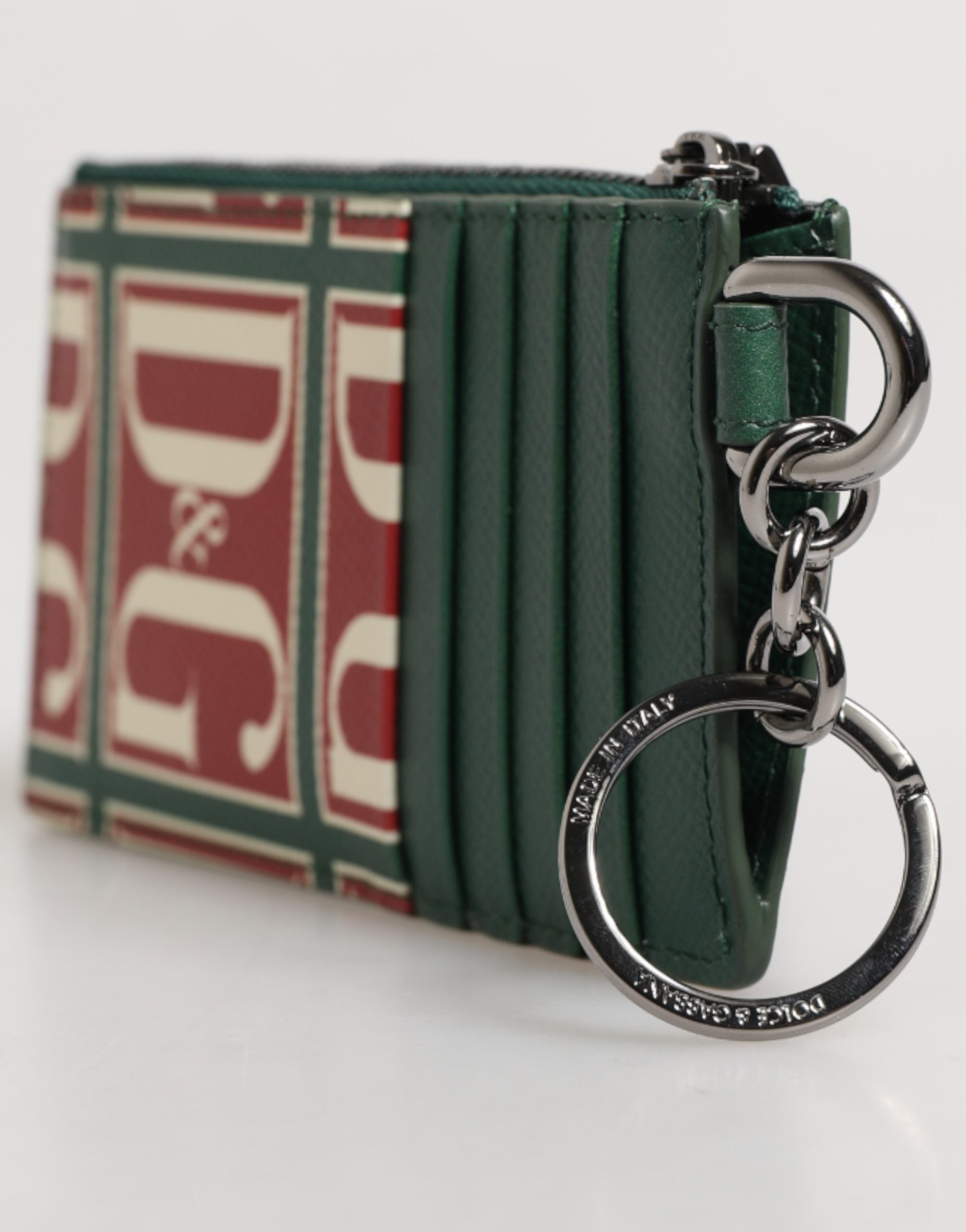 Dolce & Gabbana Green Calf Leather Logo Print Monogram Card Holder Wallet