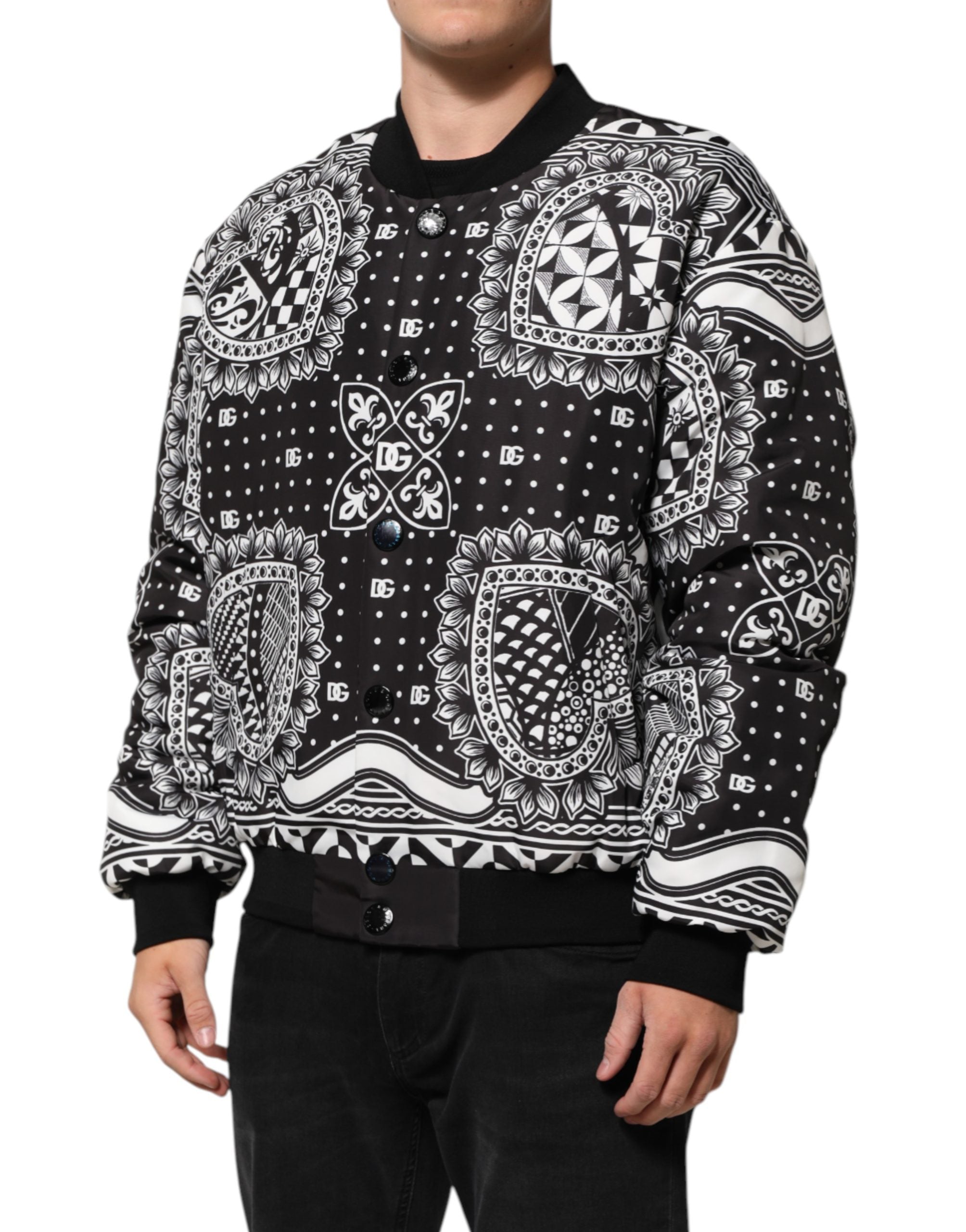 Dolce & Gabbana Black White BandanaPrint Men Bomber Jacket