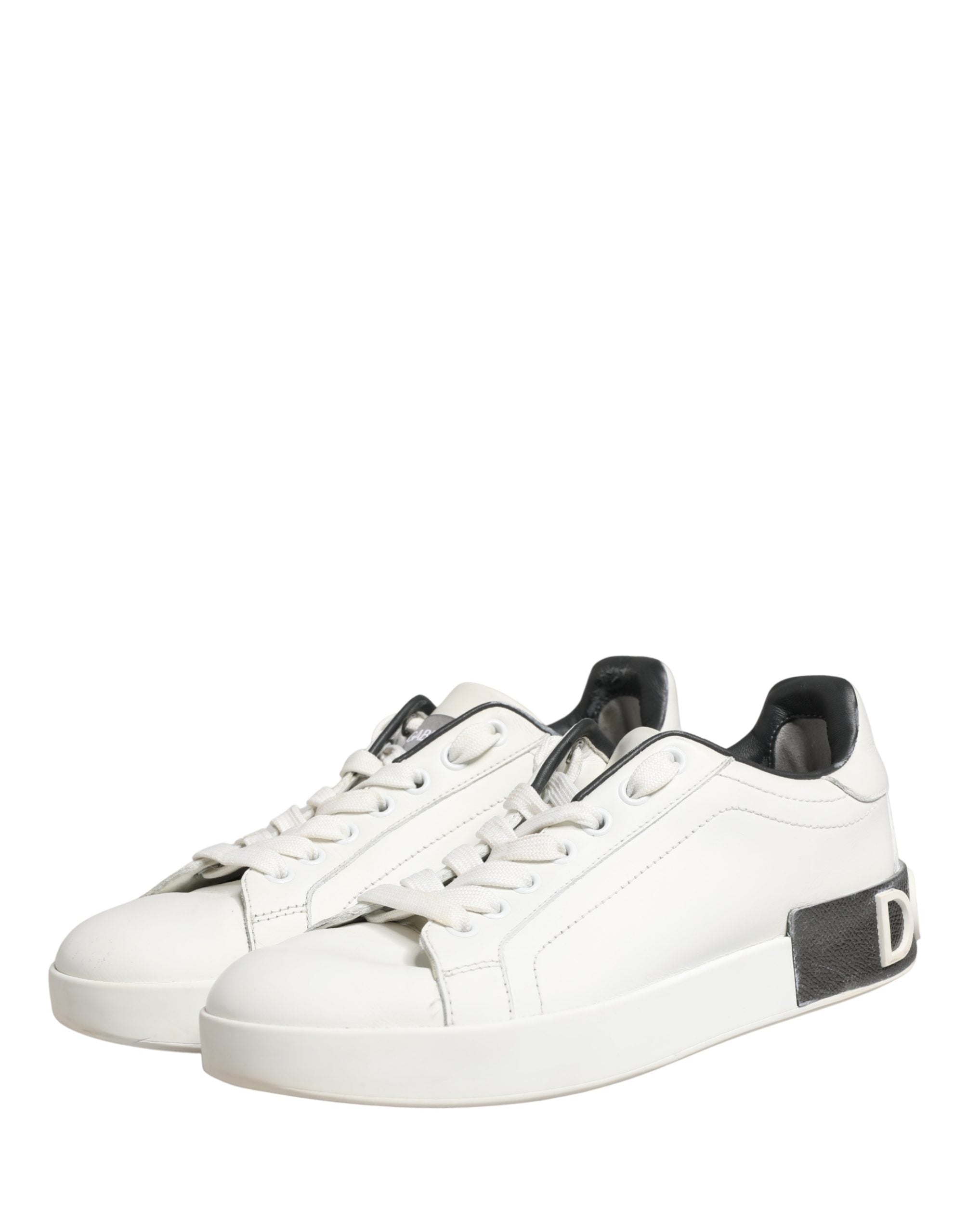 Dolce & Gabbana White Black Portofino Leather Sneakers Shoes