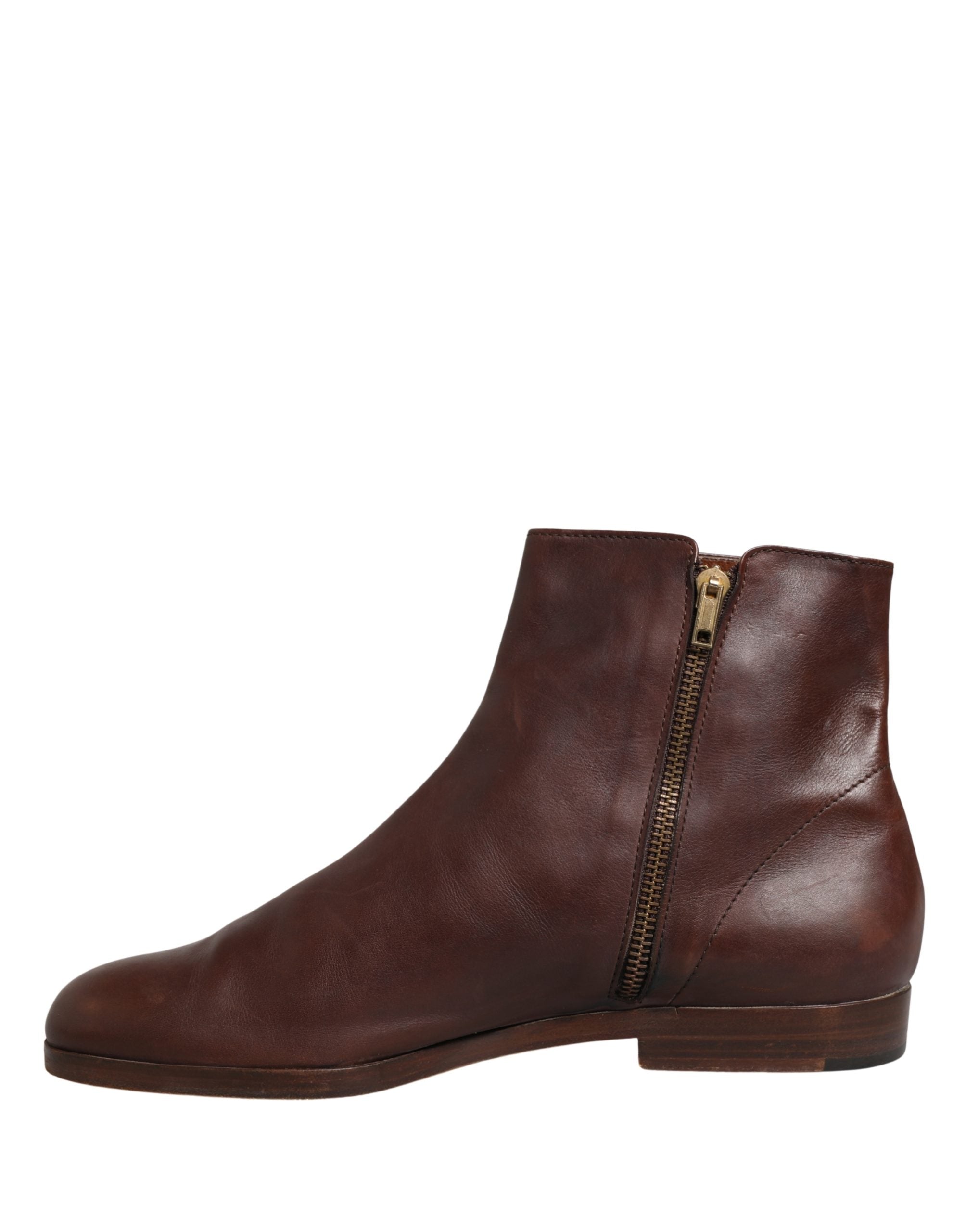 Dolce & Gabbana Brown Leather Flats Biker Ankle Boots Shoes