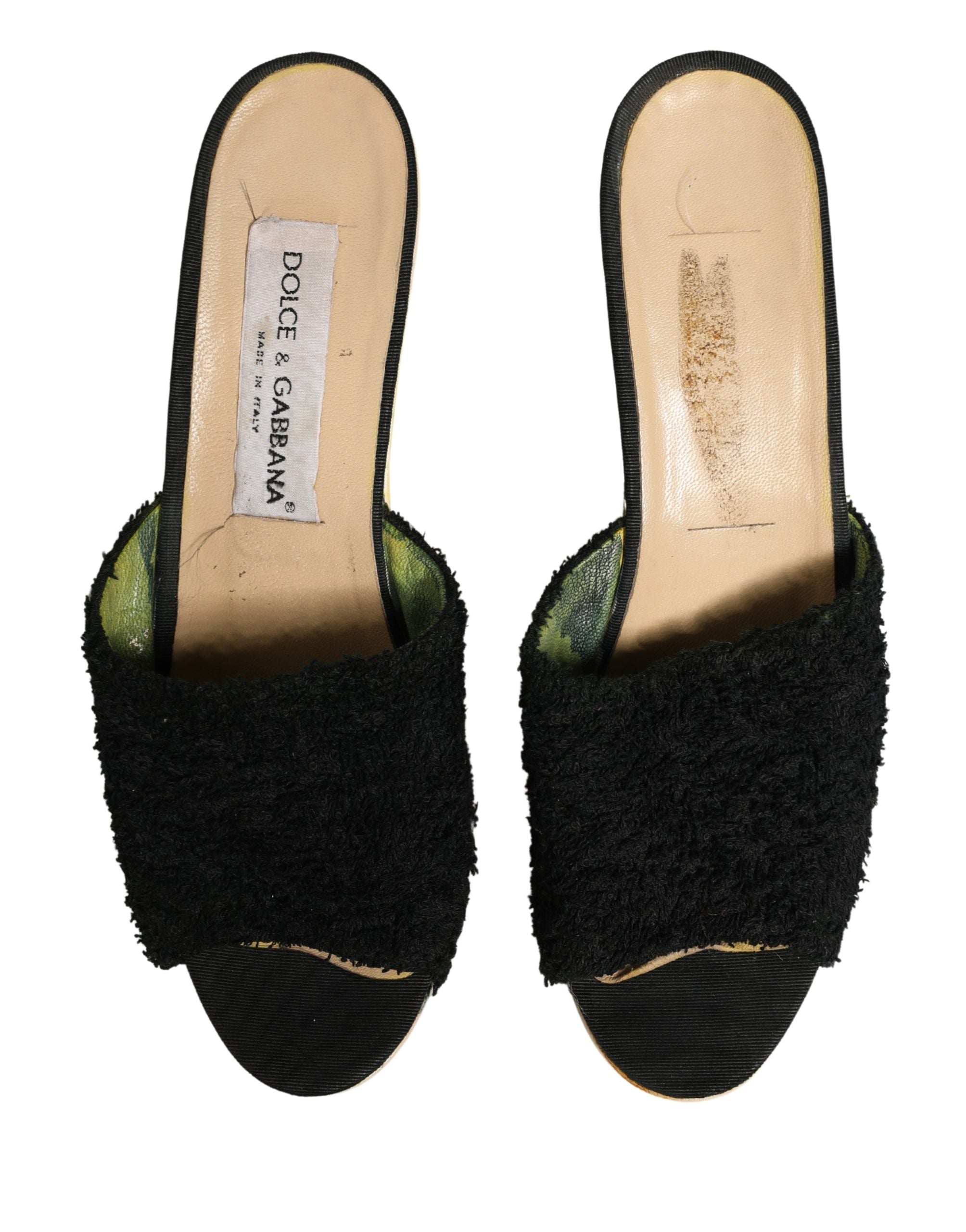 Dolce & Gabbana Black Fabric Fur Mule Wood Platform Heel Shoes