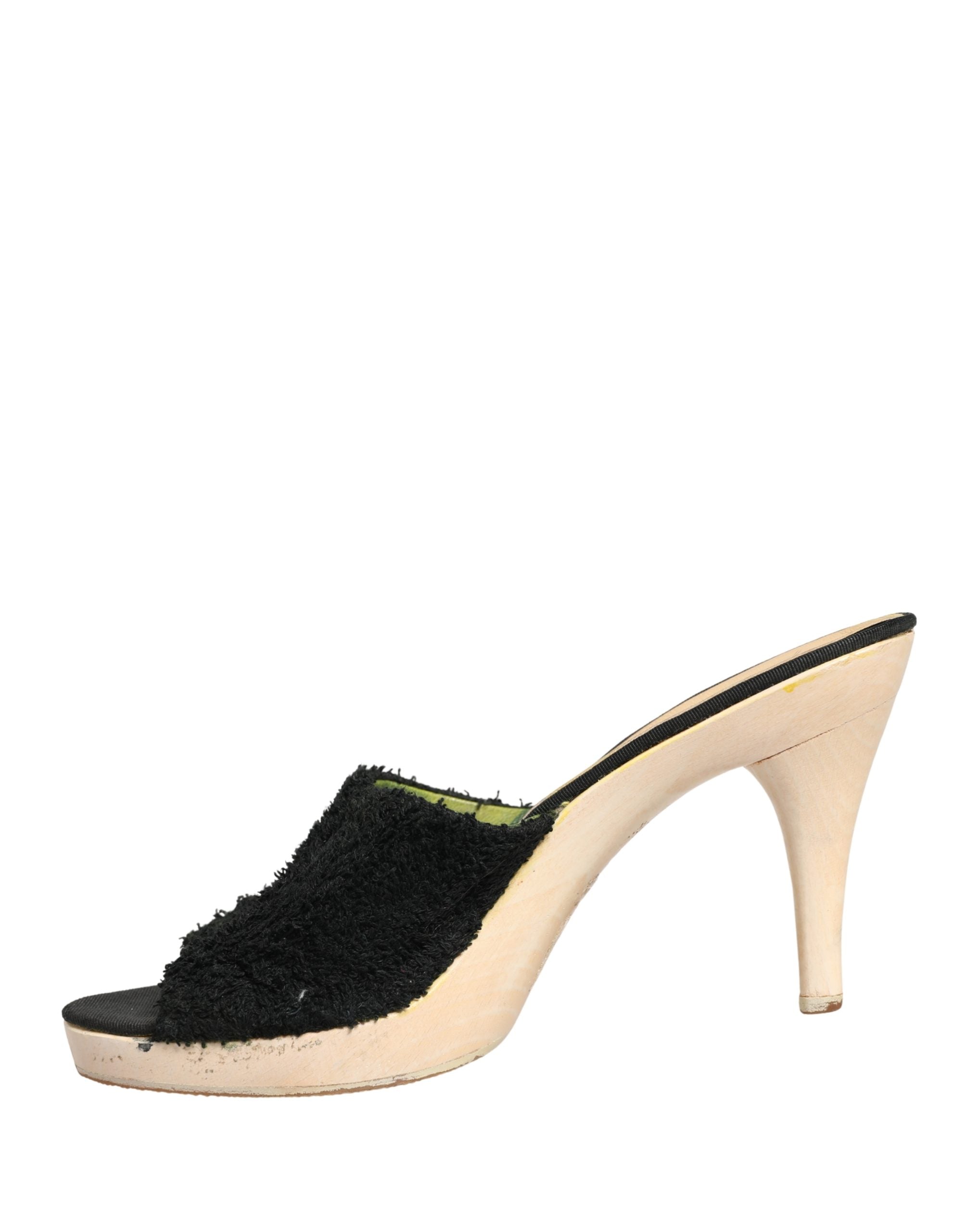Dolce & Gabbana Black Fabric Fur Mule Wood Platform Heel Shoes
