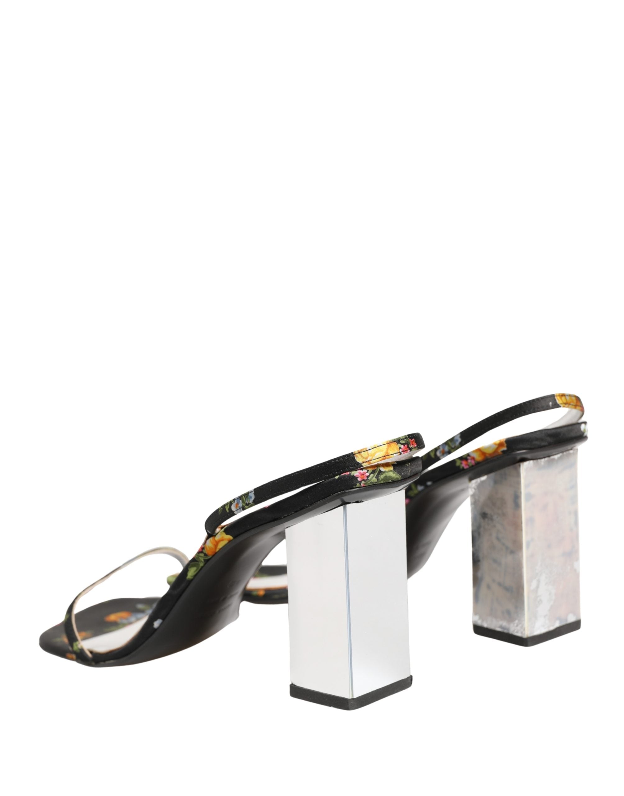 Dolce & Gabbana Black Silver Floral Block Heels Sandals Shoes