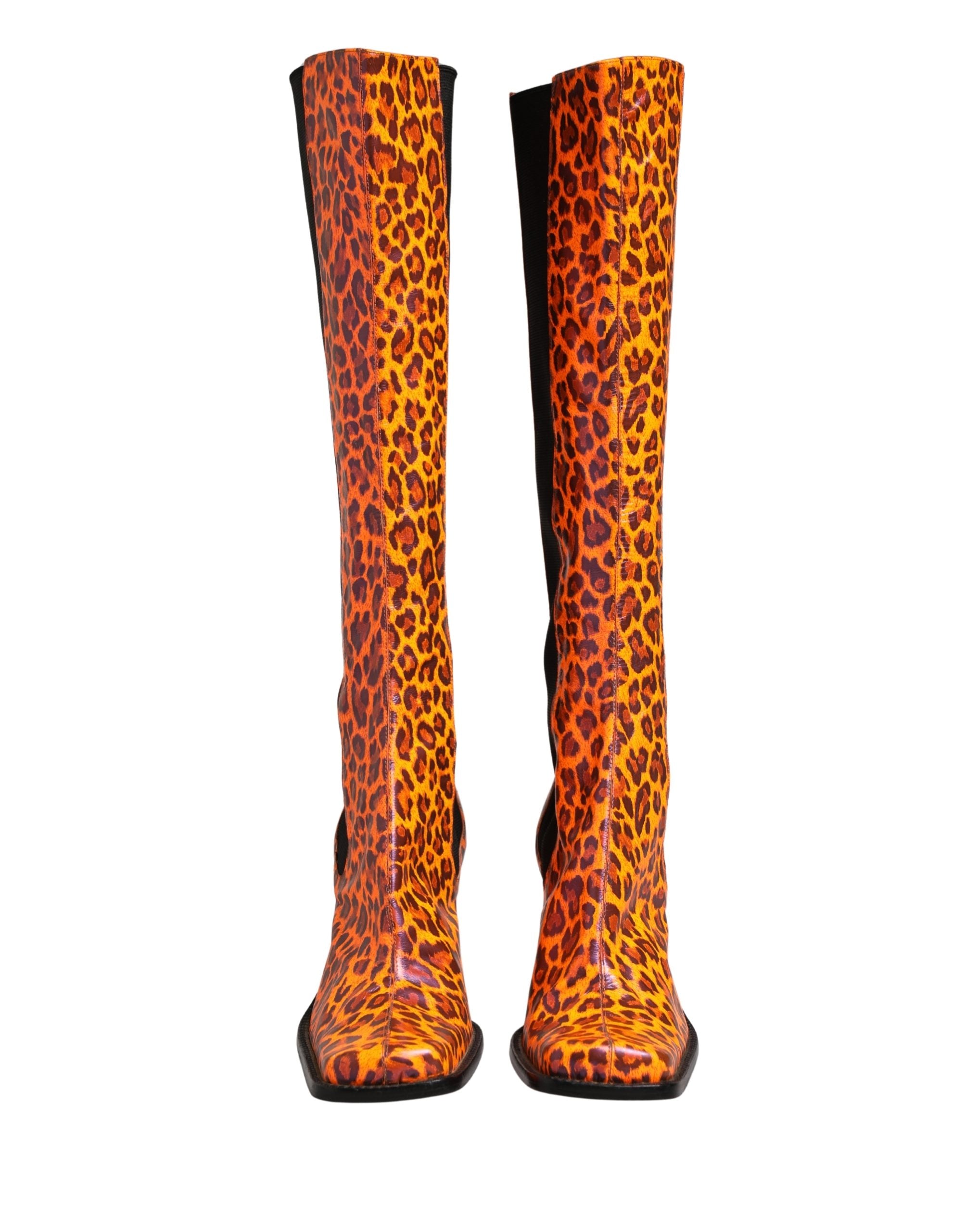 Dolce & Gabbana Brown Leopard Leather Knee High Boots Shoes