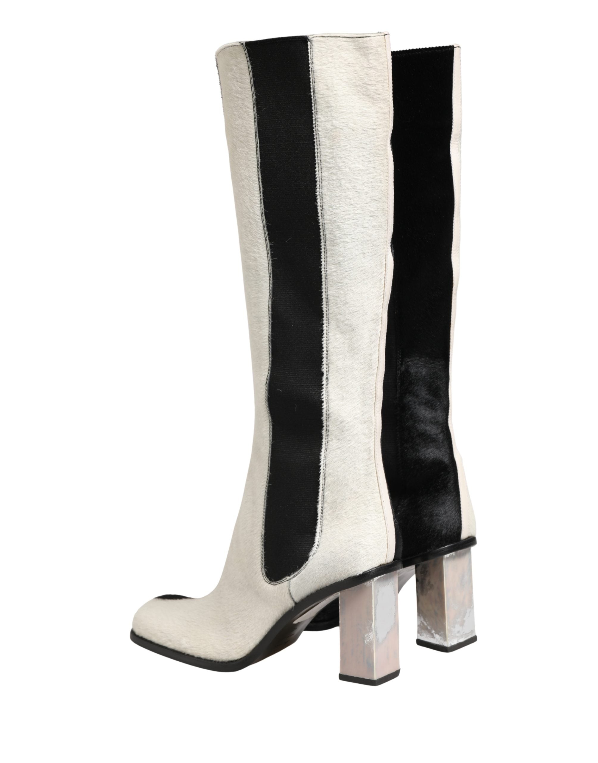 Dolce & Gabbana White Black Leather Knee High Boots Shoes