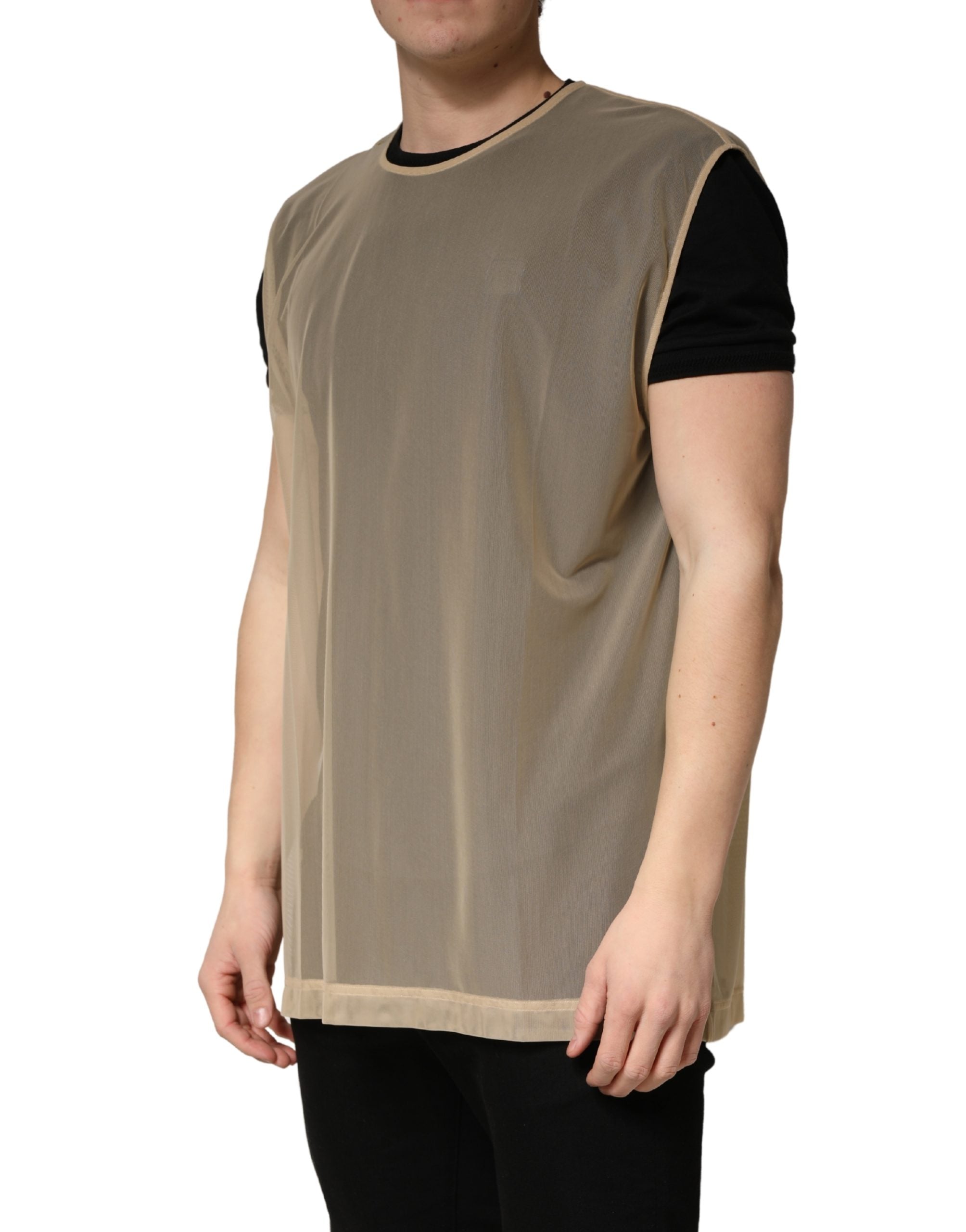 Dolce & Gabbana Beige Crew Neck Sleeveless Mesh Top T-shirt