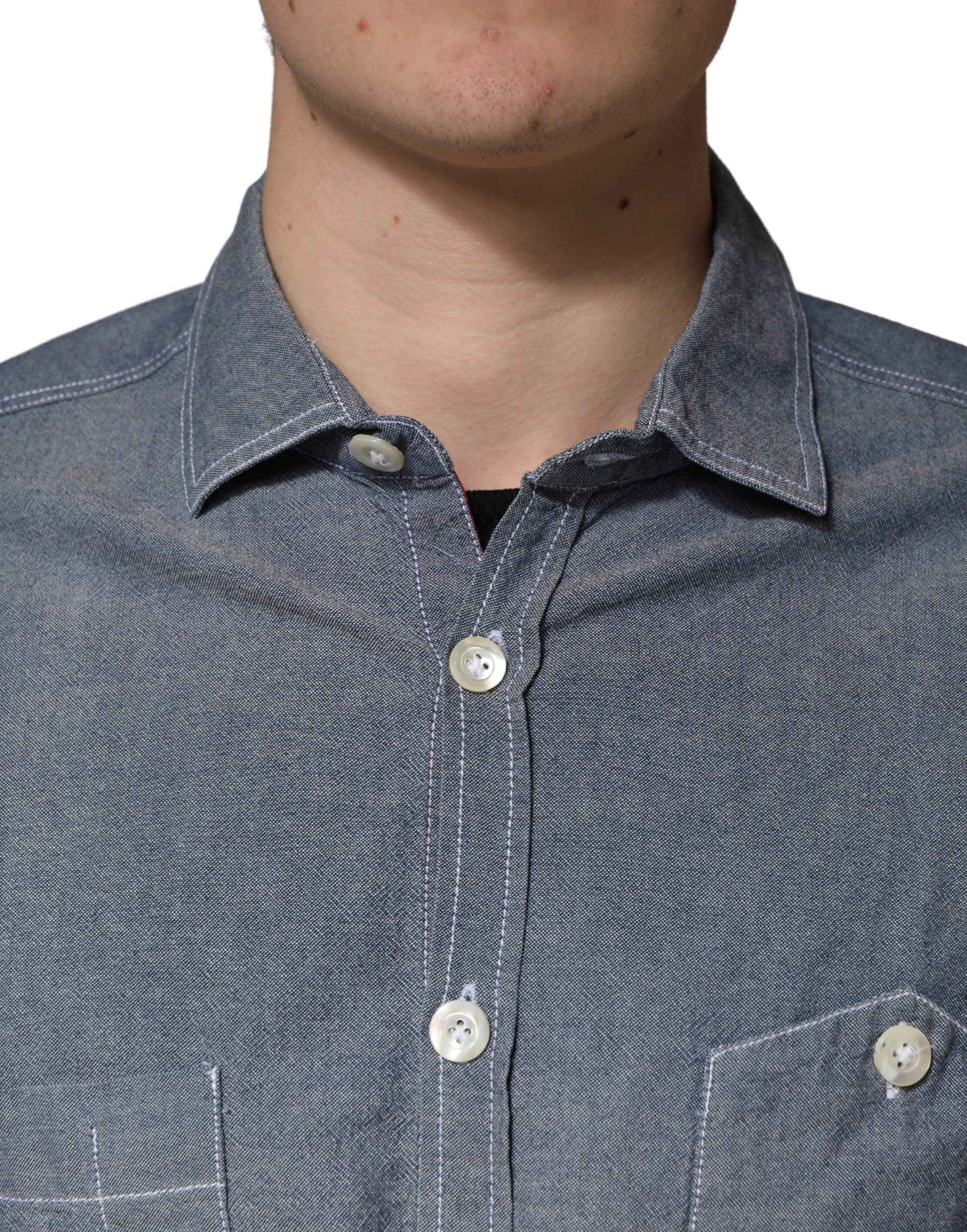 AGLINI Dark Blue Slim Fit Collared Long Sleeve Denim Shirt