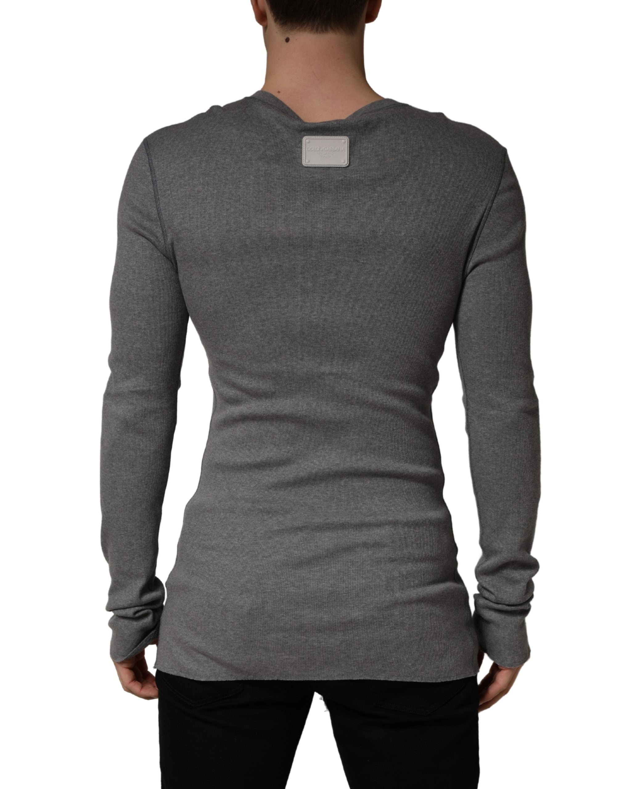 Dolce & Gabbana Gray Ribbed Cotton Long-Sleeve Henley T-shirt