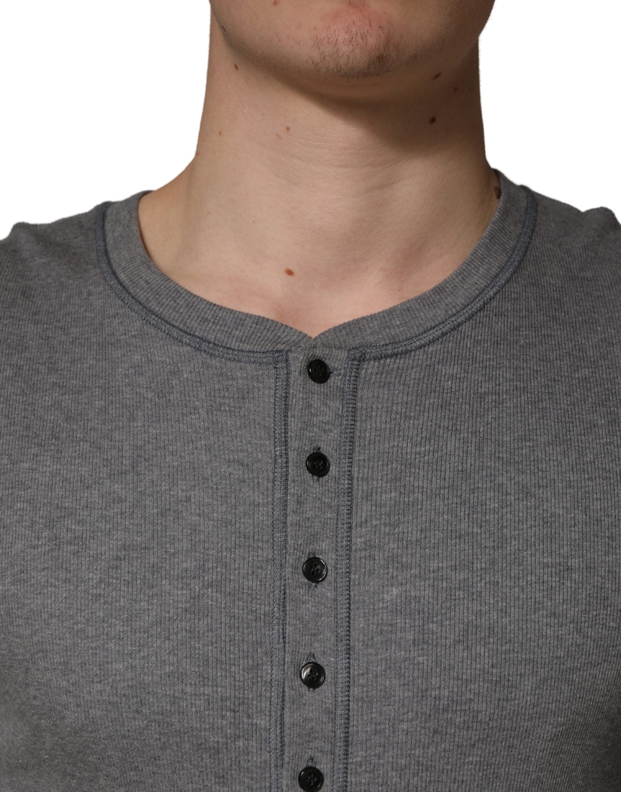 Dolce & Gabbana Gray Ribbed Cotton Long-Sleeve Henley T-shirt