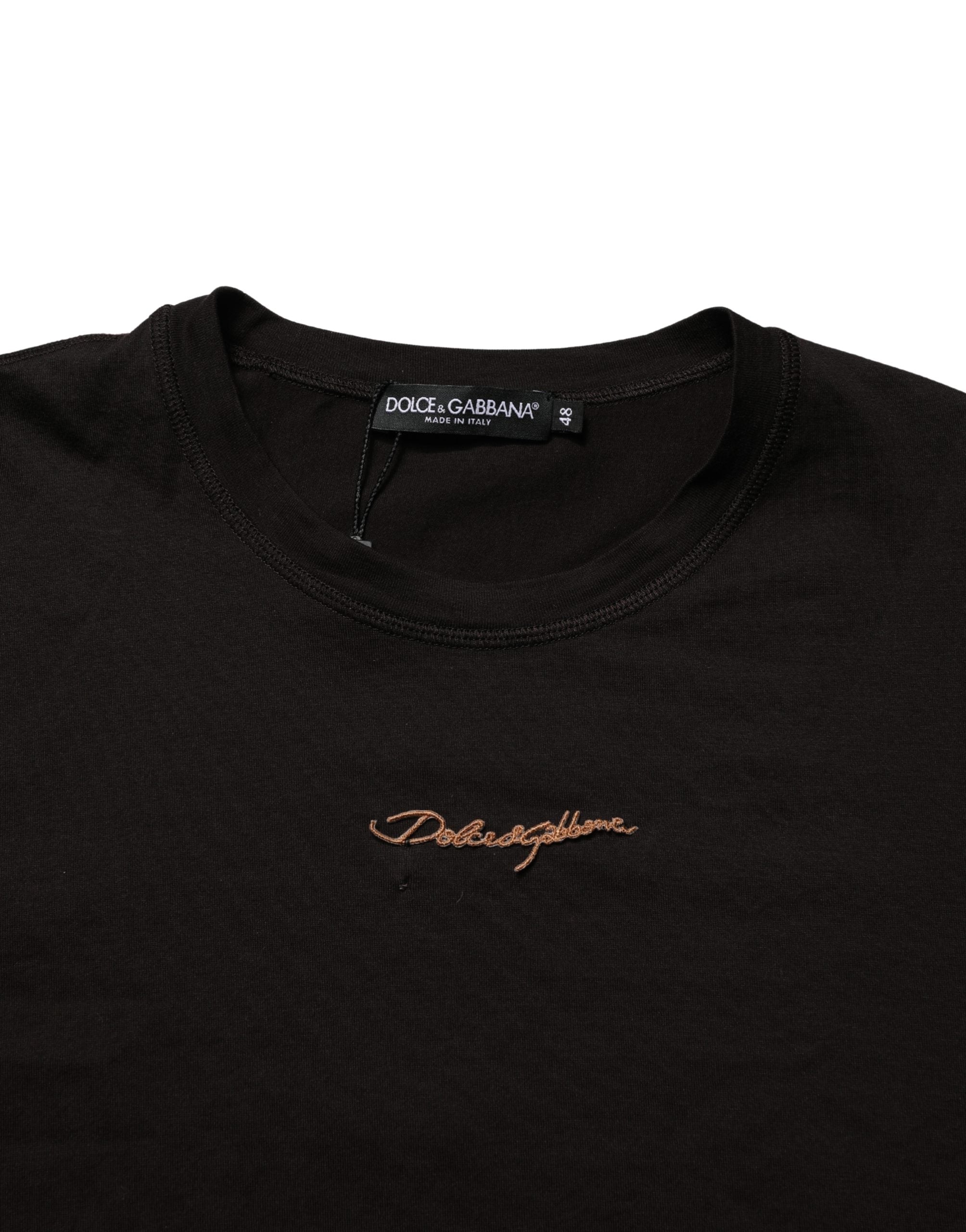 Dolce & Gabbana Brown Logo Embroidered Men Crew Neck T-shirt