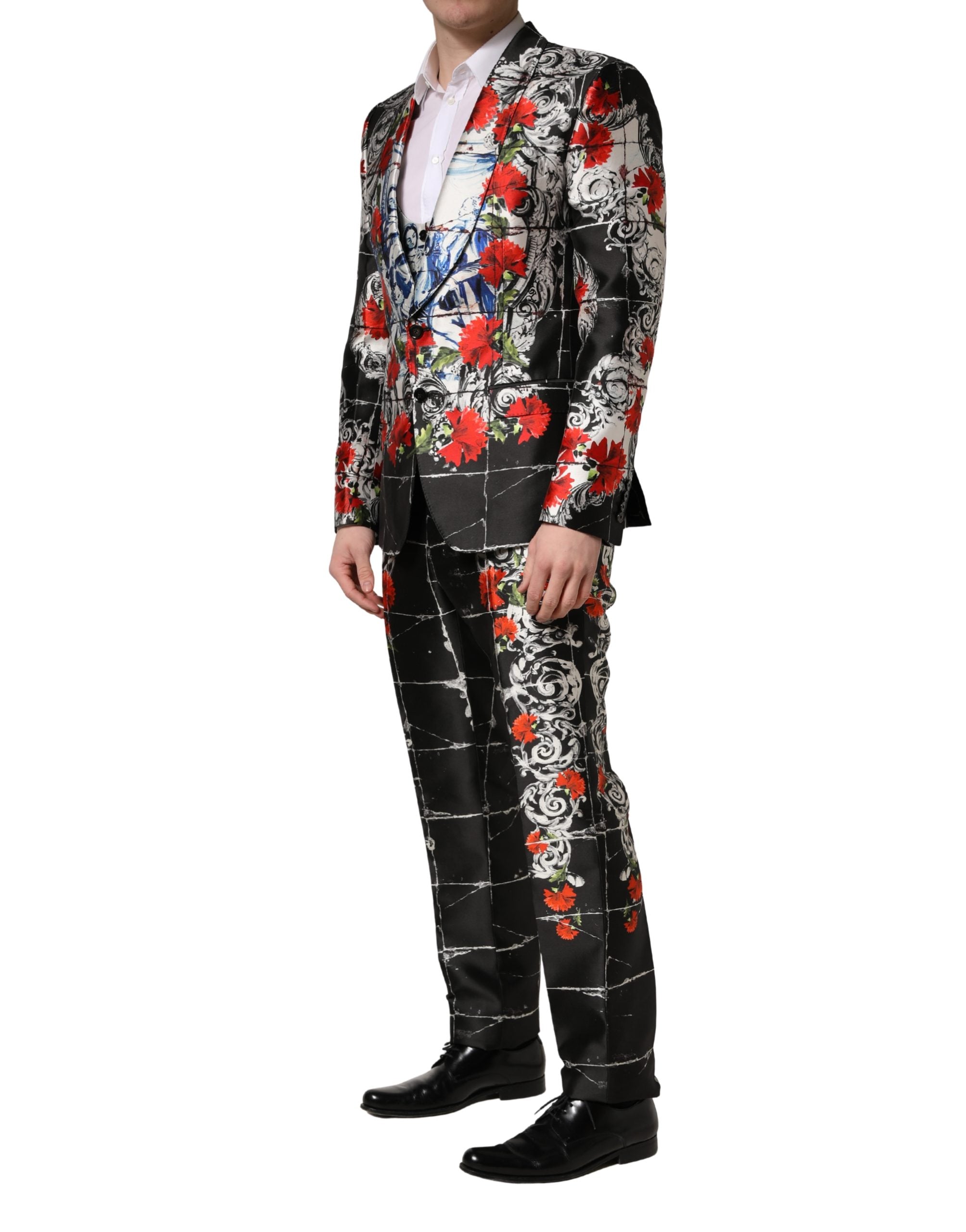 Dolce & Gabbana Black Floral 2 Buttons Formal 3 Piece Suit