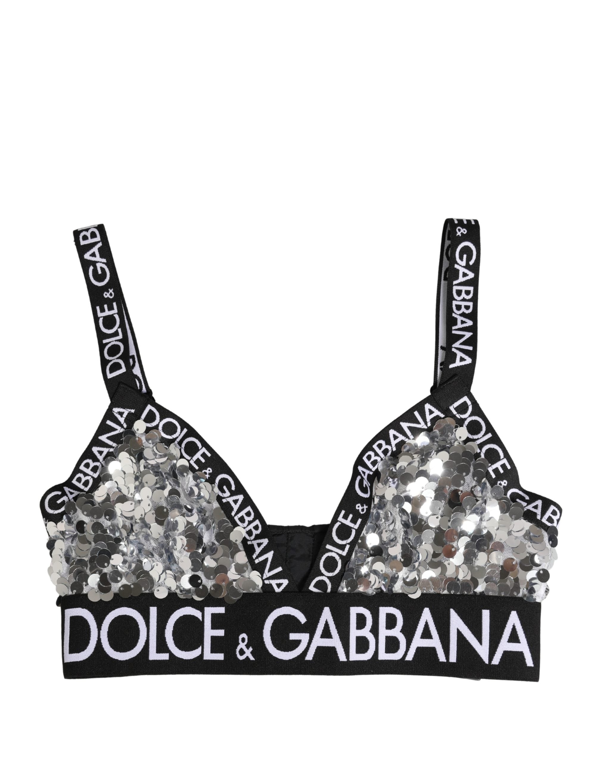 Dolce & Gabbana Silver Sequined Triangle Soft Cup Bra Underwear
