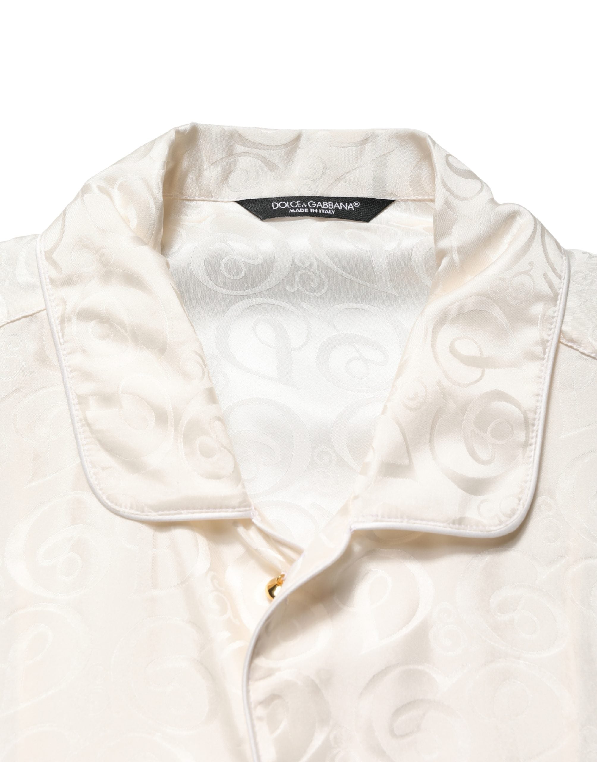 Dolce & Gabbana White Silk Long Sleeve Tonal Logo Print Shirt
