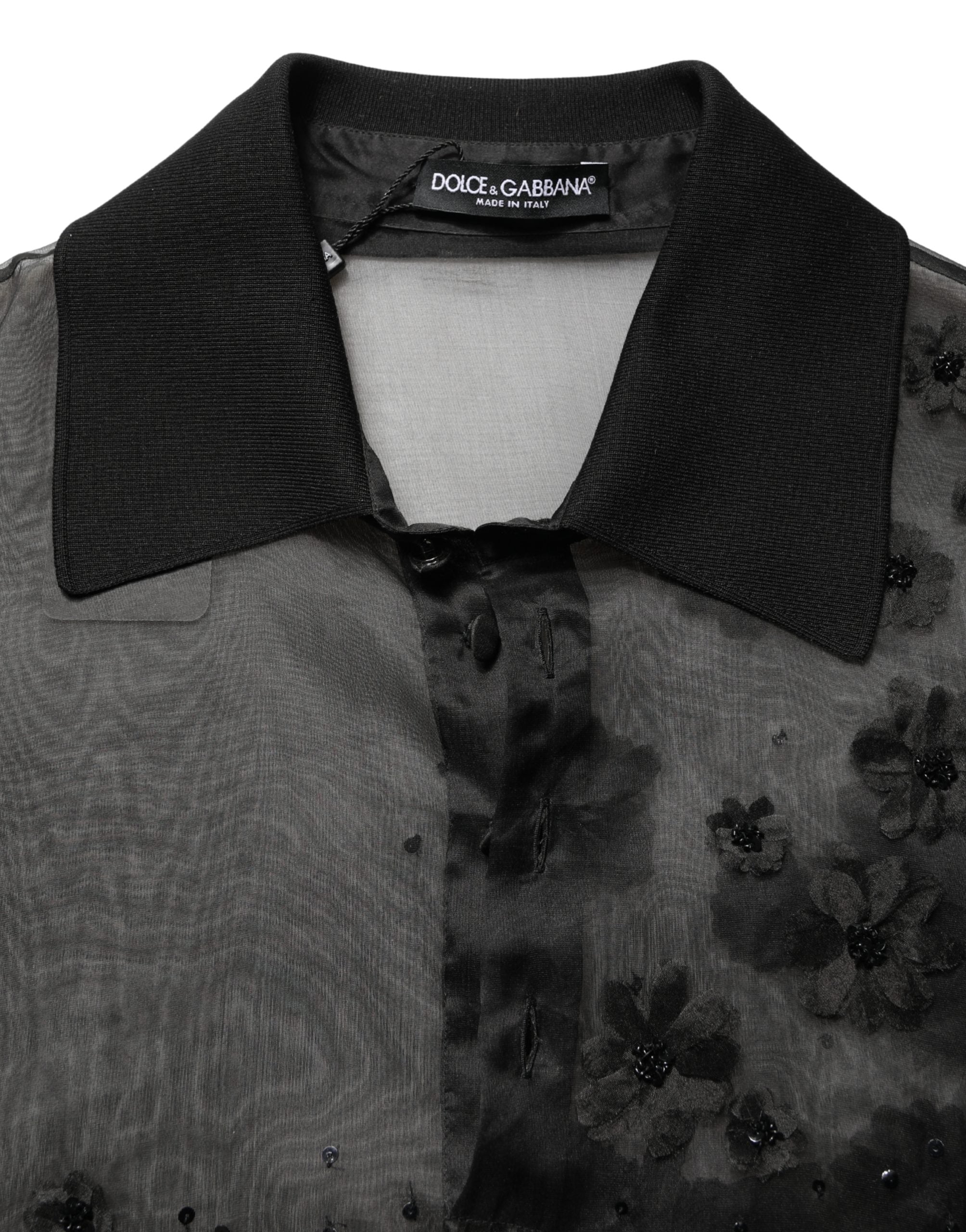 Dolce & Gabbana Black Floral Applique Sheer Short Sleeve Shirt