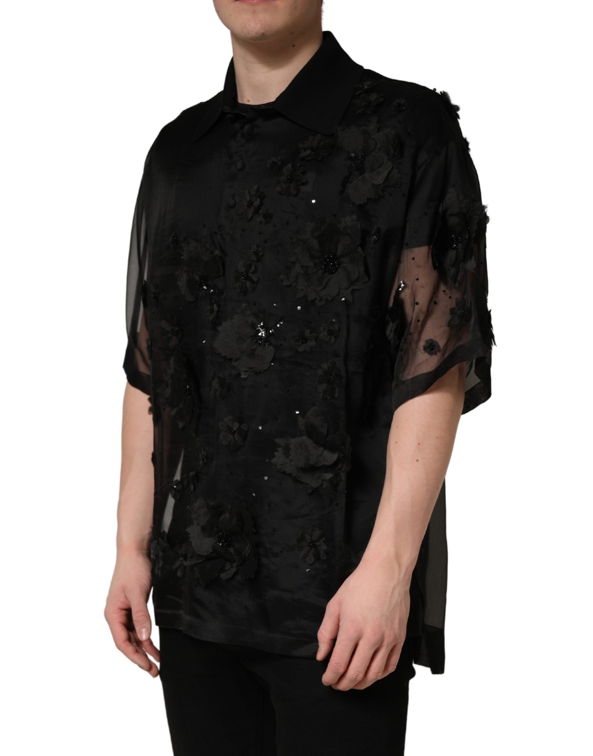 Dolce & Gabbana Black Floral Applique Sheer Short Sleeve Shirt