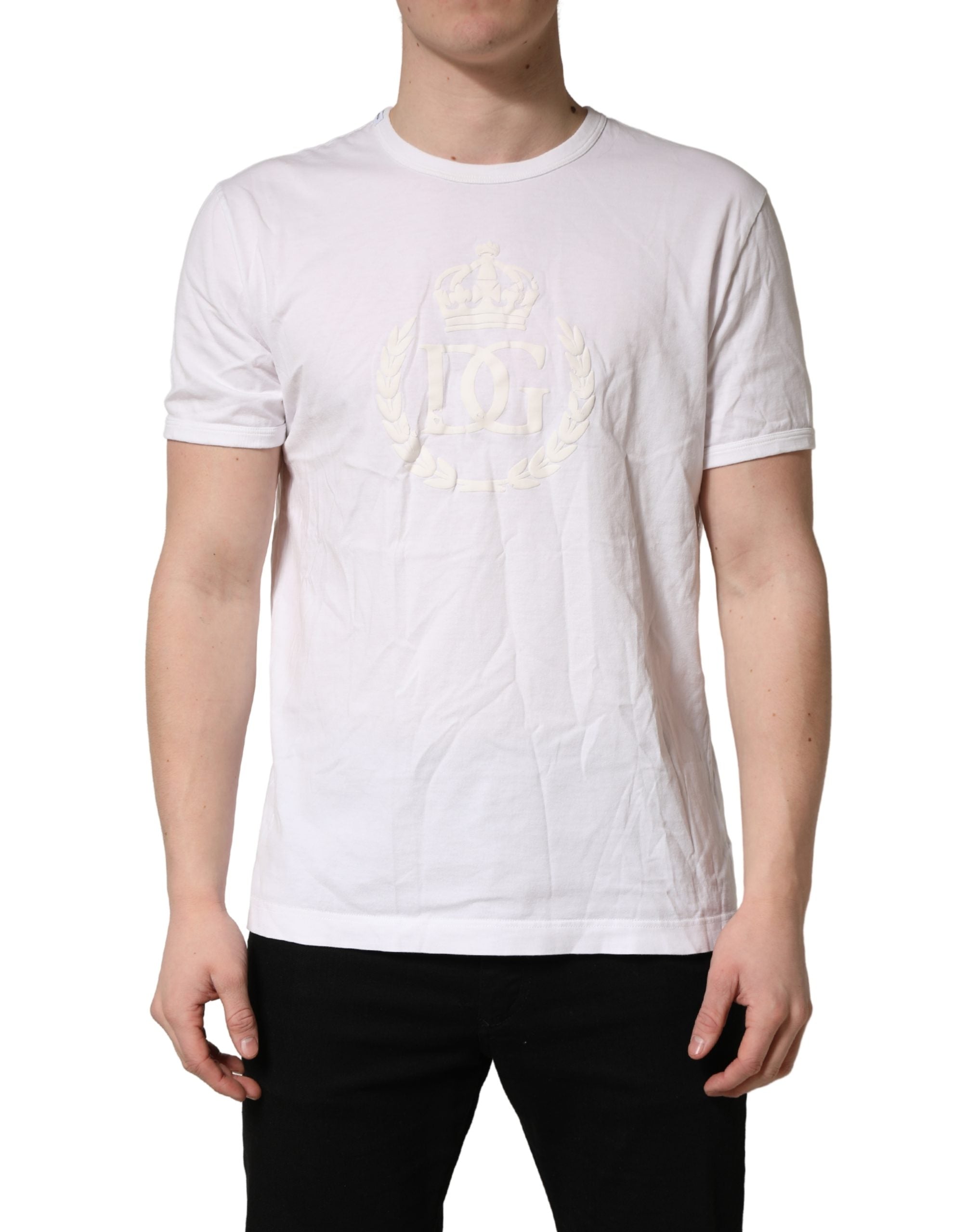 Dolce & Gabbana White Cotton DG Crown Embossed Men T-shirt
