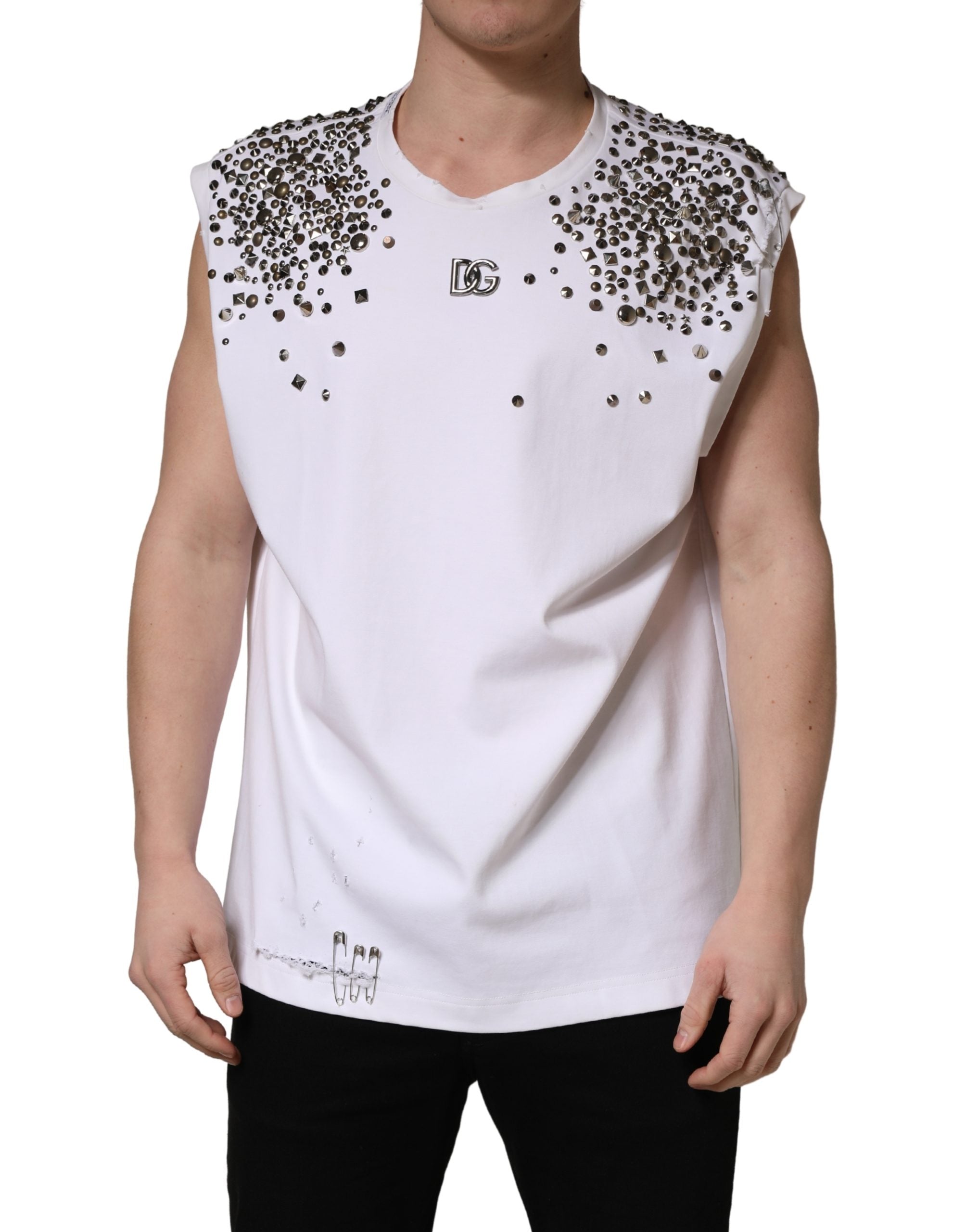 Dolce & Gabbana White Rhinestones Sleeveless Round Neck T-shirt