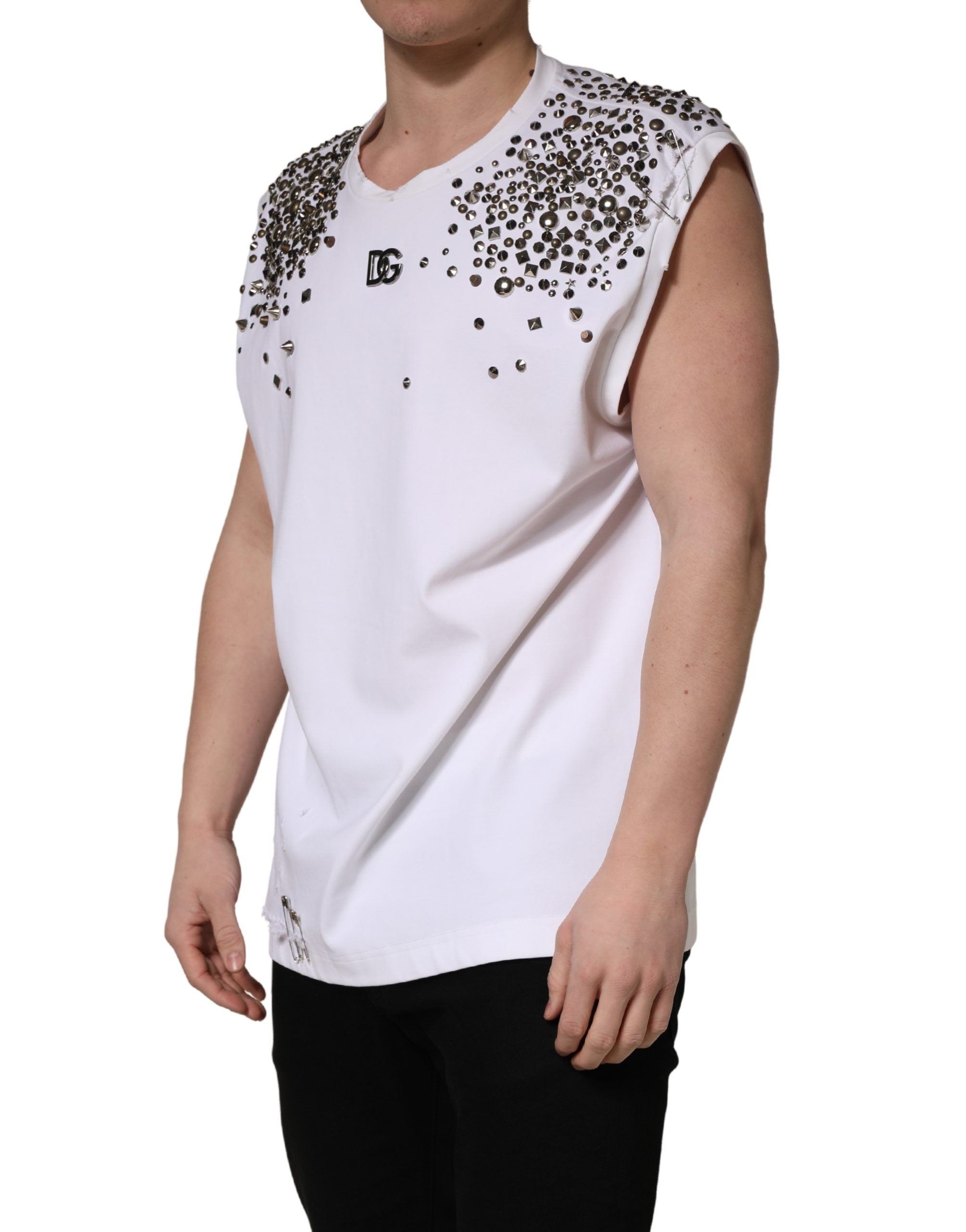 Dolce & Gabbana White Rhinestones Sleeveless Round Neck T-shirt