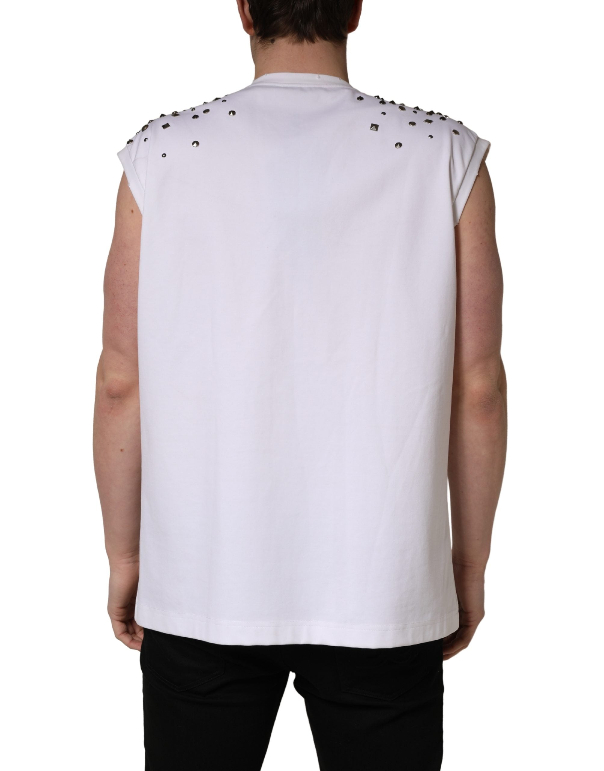 Dolce & Gabbana White Rhinestones Sleeveless Round Neck T-shirt