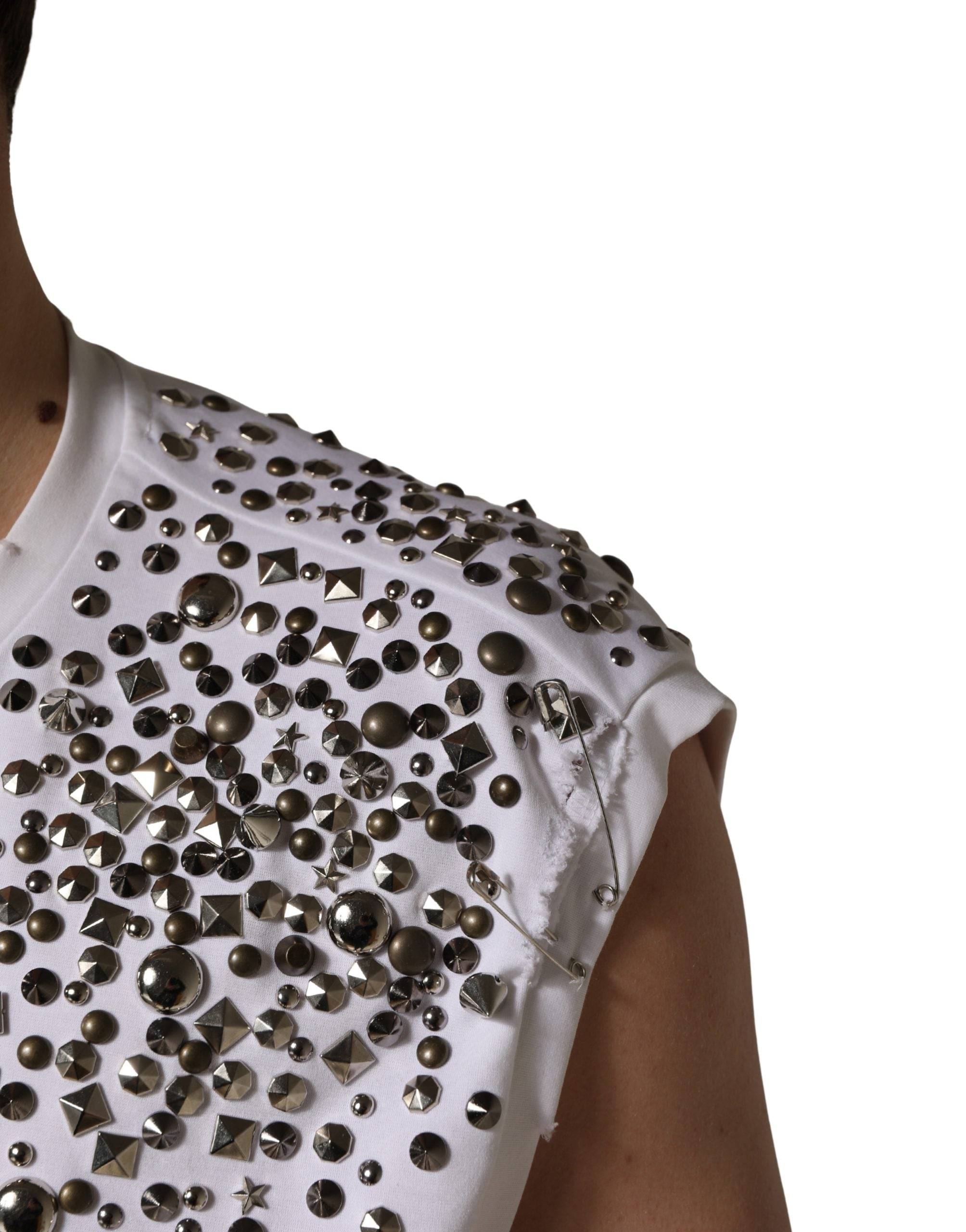 Dolce & Gabbana White Rhinestones Sleeveless Round Neck T-shirt