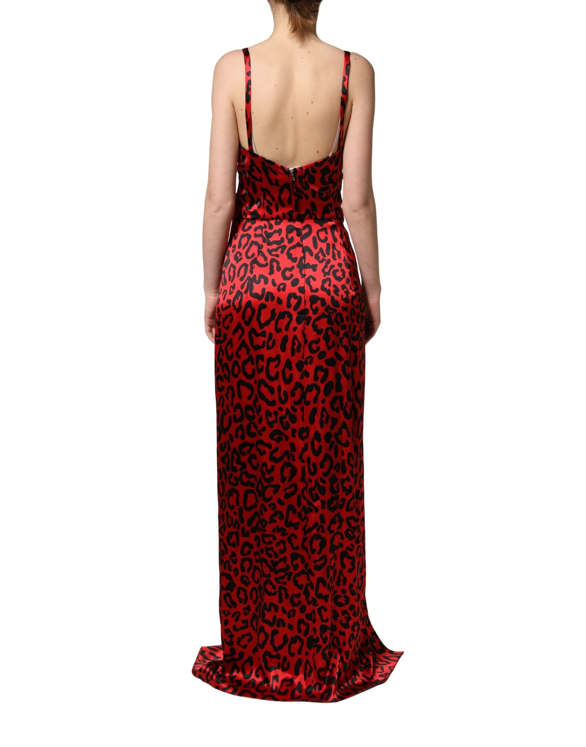 Dolce & Gabbana Red Leopard Print Silk Side Slit Maxi Dress
